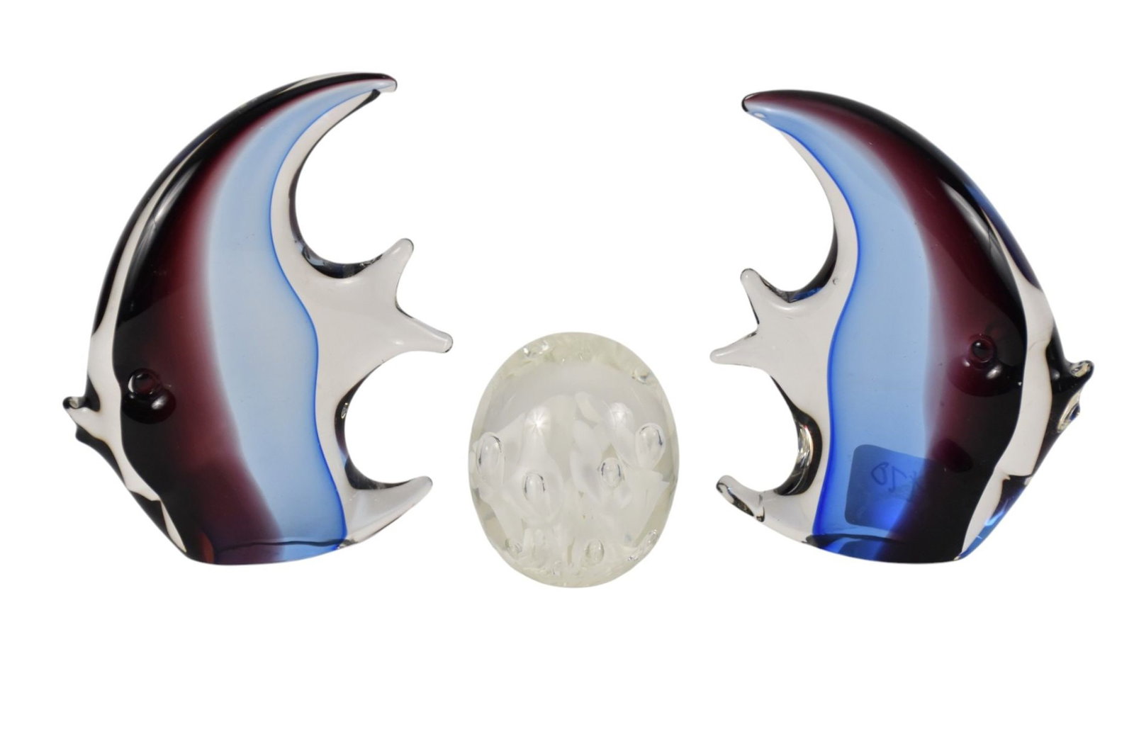 2 Art Glass Fish, Purple & Blue and Glass Paperweight: 2 Art Glass Fish, Purple & Blue and Glass Paperweight
