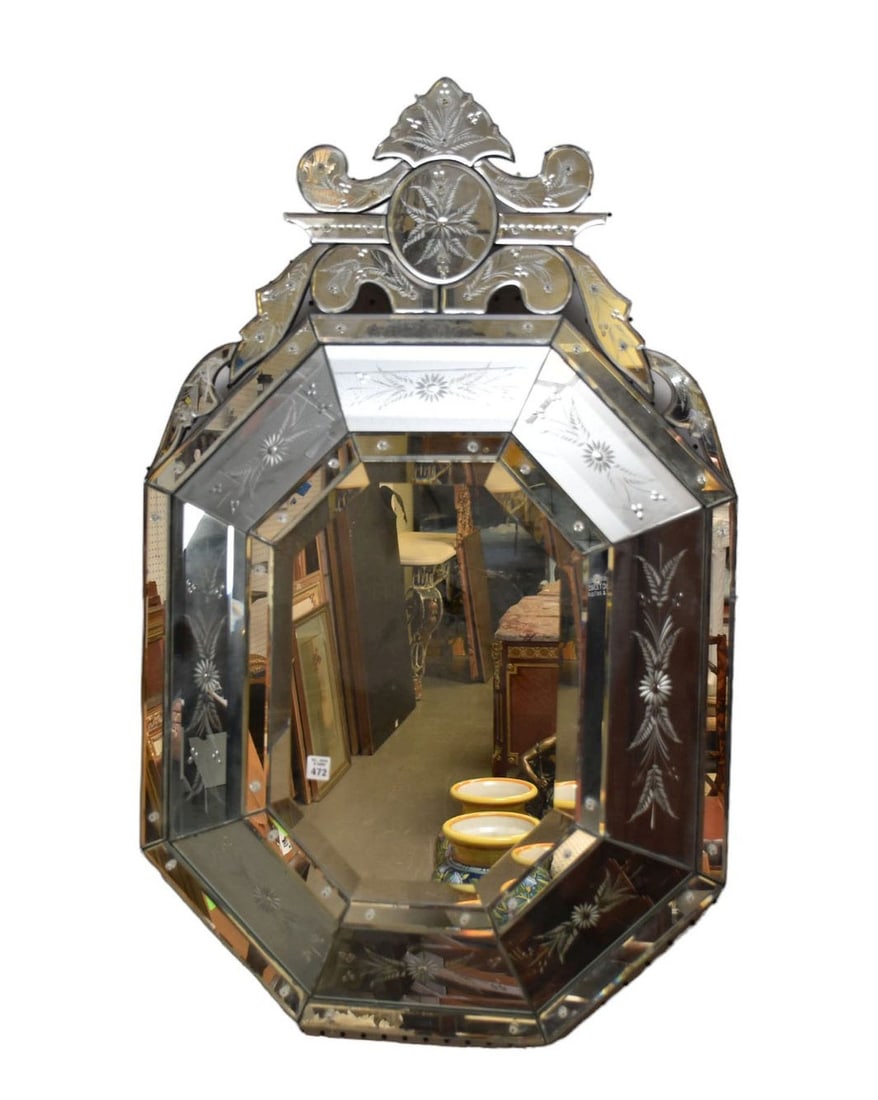 Venetian Mirror Octagonal Form  Beveled Mirror Surrounded by Engraved Flowers, 42"h x 29"w (1 of 5)