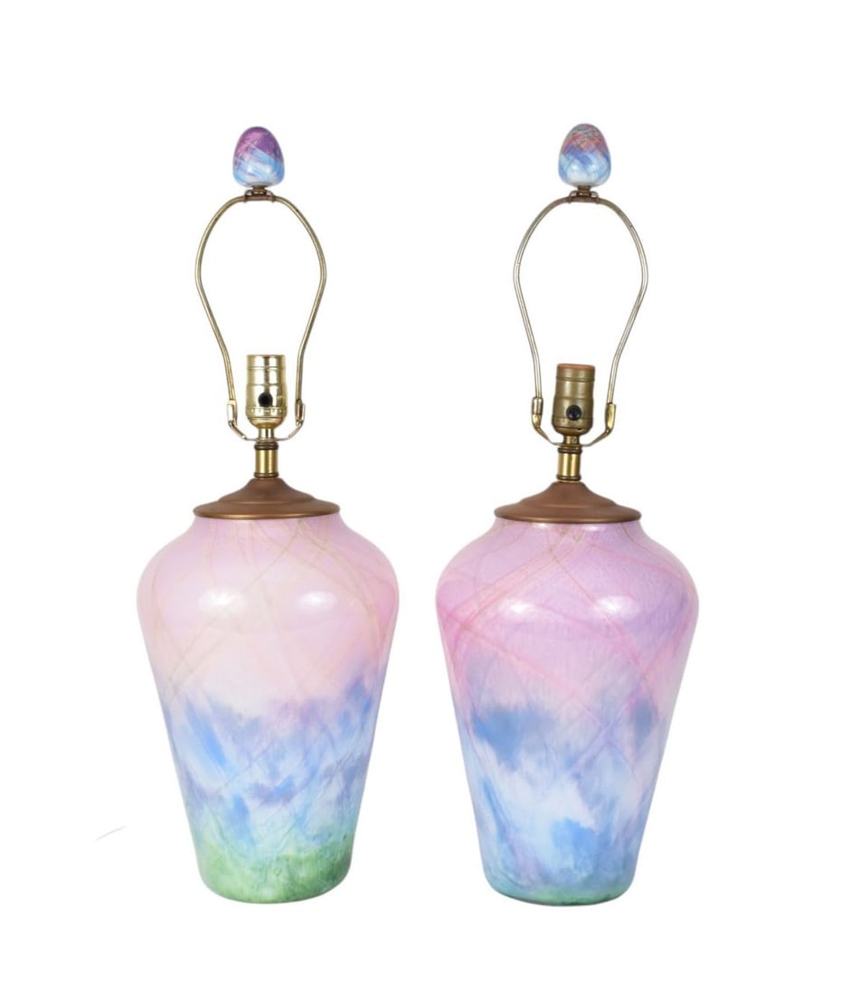 Pair Art Glass Lamps, Pink, Purple & Green Glass Finials, 24"h: Pair Art Glass Lamps, Pink, Purple & Green Glass Finials, 24"h