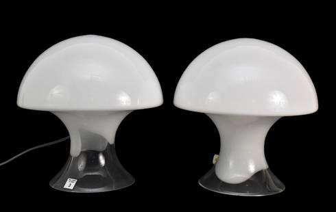 Luciano Vistosi (Italian 1930-2010) Pair of Mid Century art Glass Mushroom-Form Table Lamps,: Luciano Vistosi (Italian 1930-2010) Pair of Mid Century art Glass Mushroom-Form Table Lamps, Height: 14", Diameter: 13". Hand-blown glass table lamp in the shape of a mushroom. White glass blends down