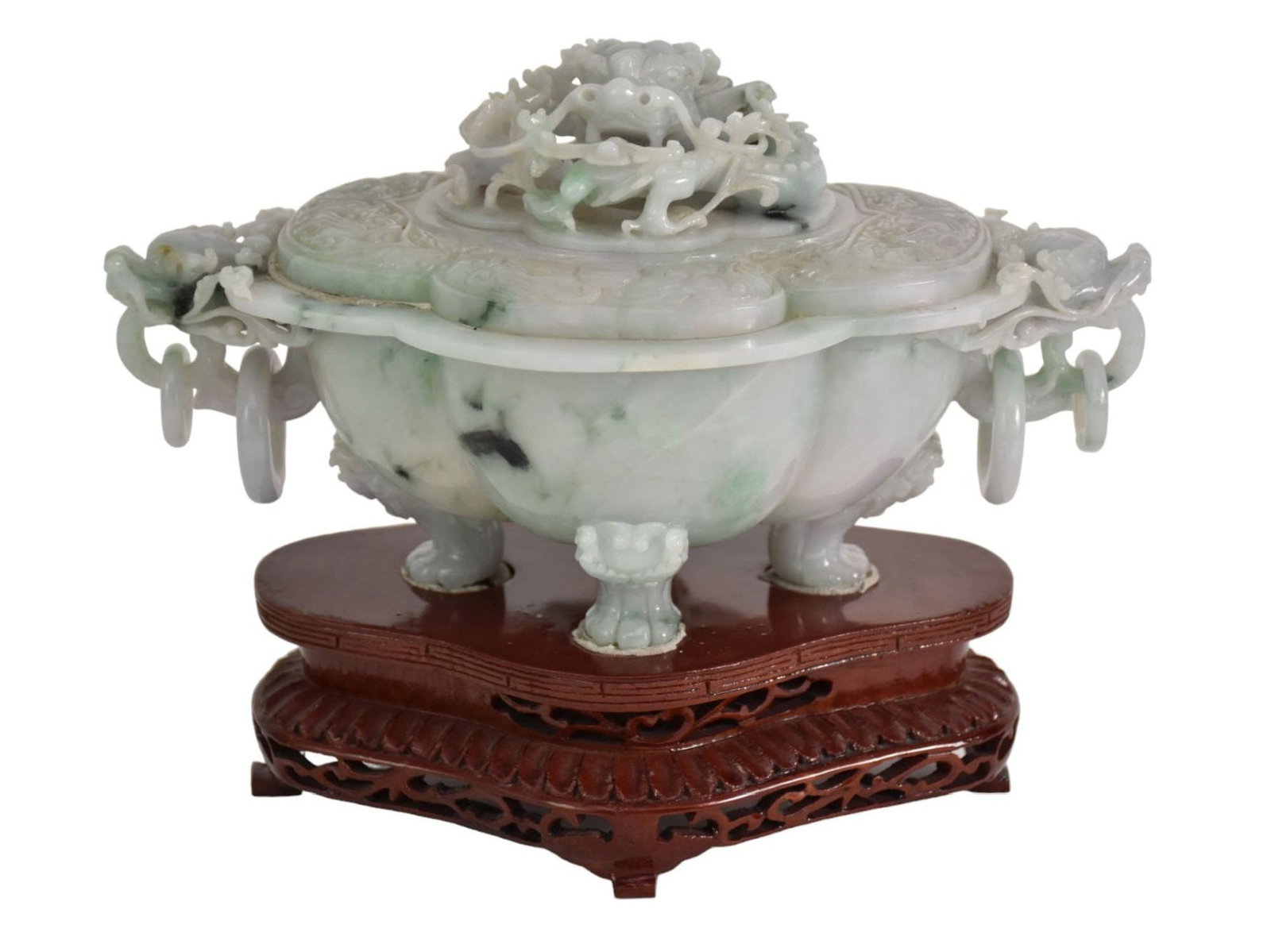 Chinese Jade Censor with Dragon Motif - A carved light green opaque  jade censer on four padded (1 of 13)