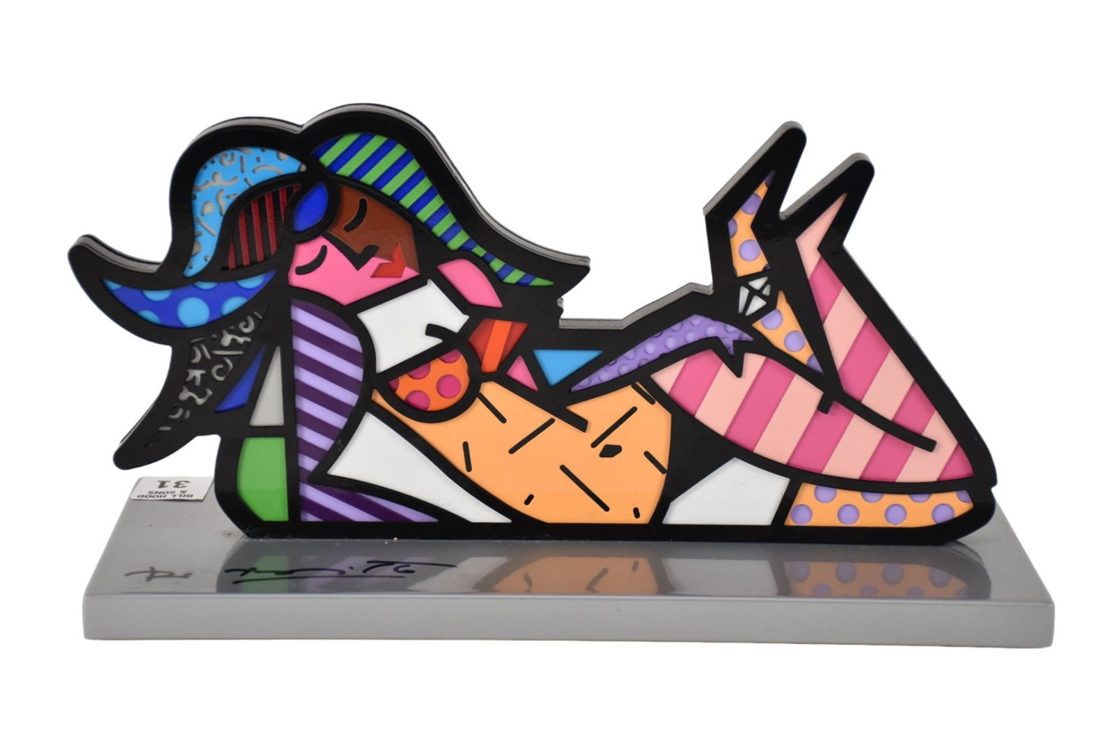 Romero Britto (Brazilian, b. 1963) "Girl From Ipanema" Sculpture - A steel and enamel sculpture: Romero Britto (Brazilian, b. 1963) "Girl From Ipanema" Sculpture - A steel and enamel sculpture depicting a reclining woman. Signed on base. Numbered #132/1000. 7" h x 12" l.