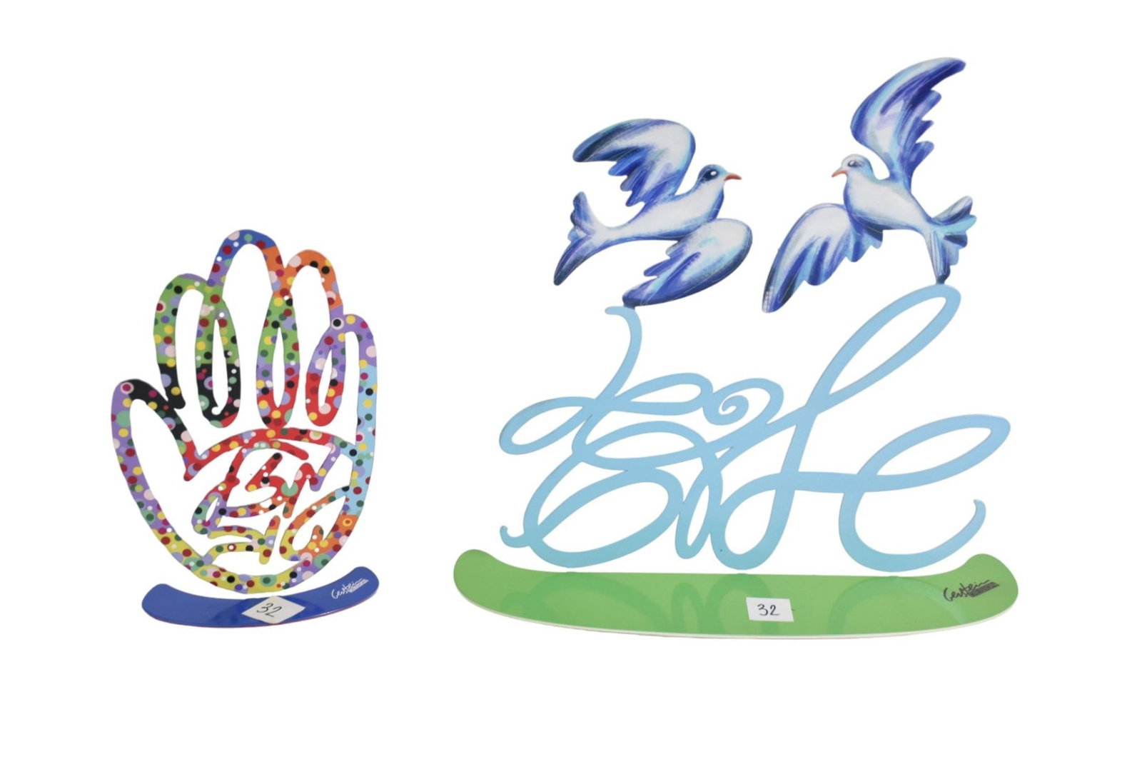 David Gerstein (Israeli, b. 1944) Hand-Painted Aluminum Sculptures, two doves and Hamsa hand, birds: David Gerstein (Israeli, b. 1944) Hand-Painted Aluminum Sculptures, two doves and Hamsa hand, birds measure approx. 12 1/2" H x 13" W with a 3" base, hand measures approx. 9" H x 5 1/2" W with a 2" ba