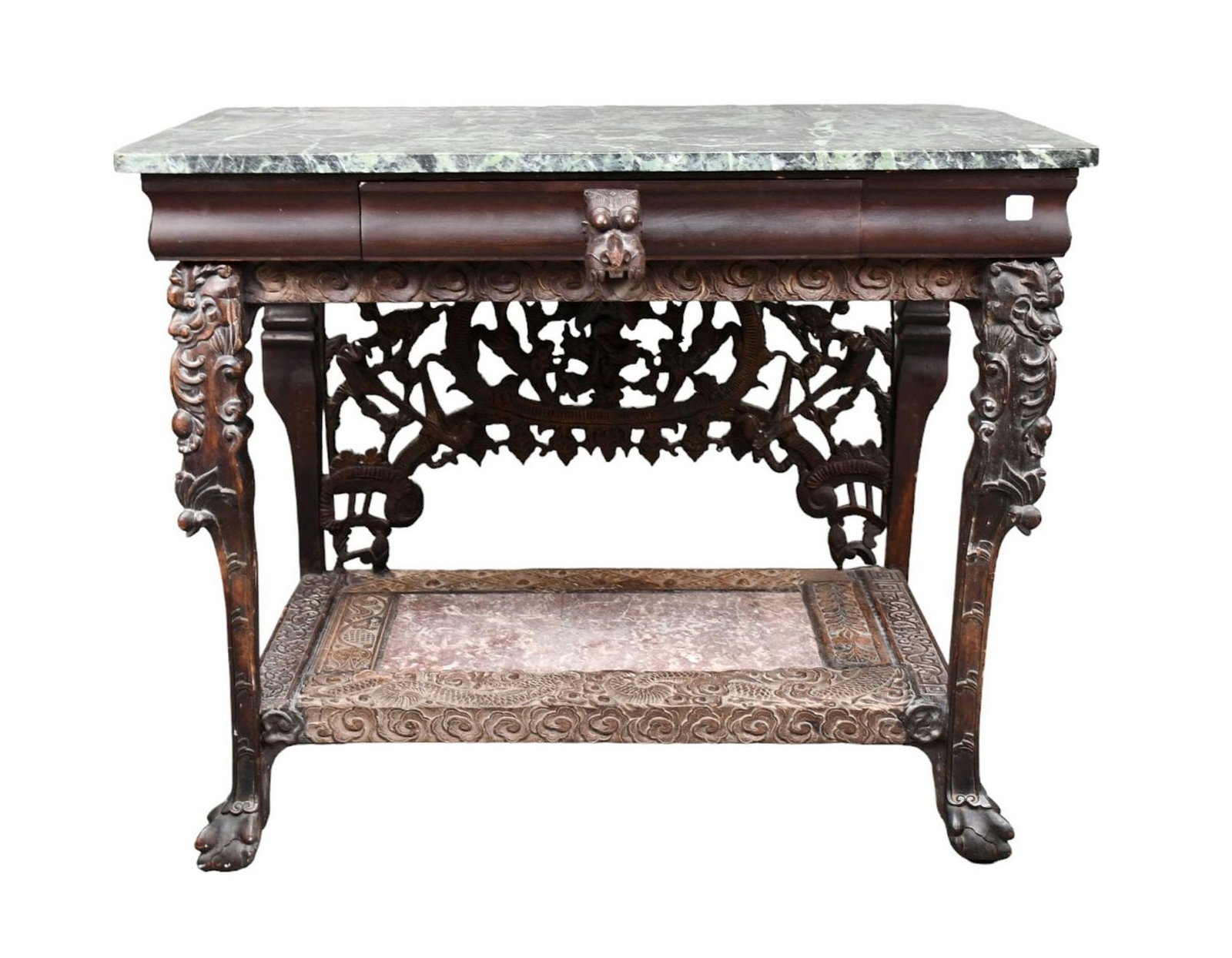 Table/Console, Balinese Carved Wood Legs with Deep Carved Apron Over Lower Shelf with Marble Insert, (1 of 11)