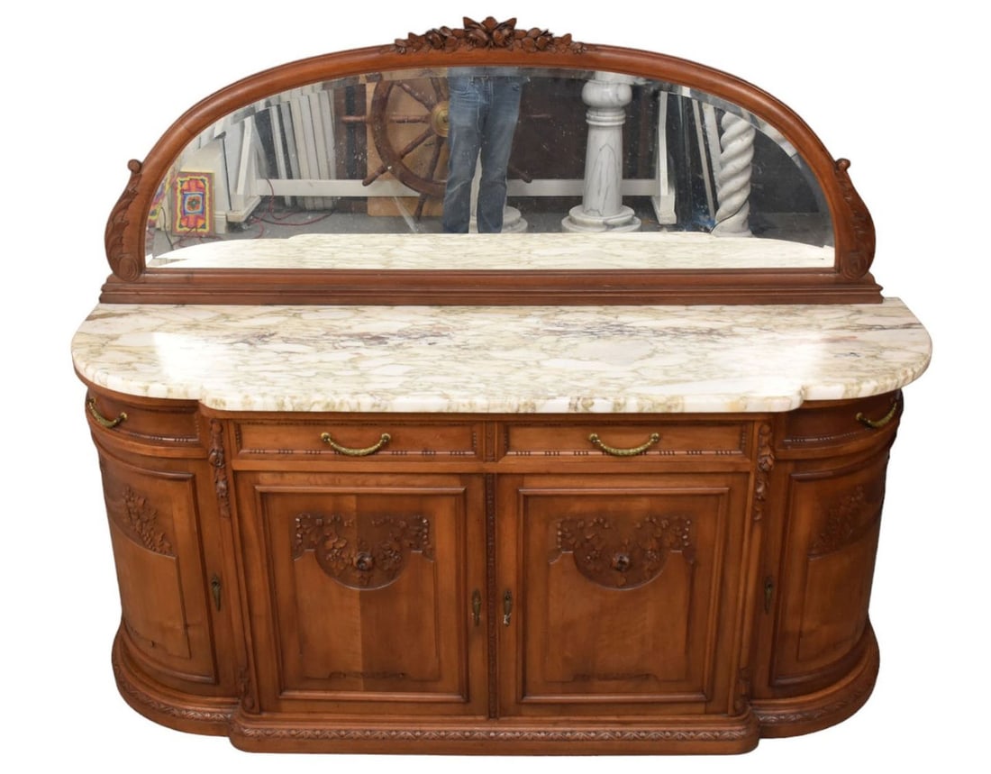 Sideboard with 2 Side by Side Drawers over 2 Carved Panel Doors, Flanked by Carved Door at Each End,: Sideboard with 2 Side by Side Drawers over 2 Carved Panel Doors, Flanked by Carved Door at Each End, Marble Top, Attached Mirror, 35"h x 71"w x 22"d