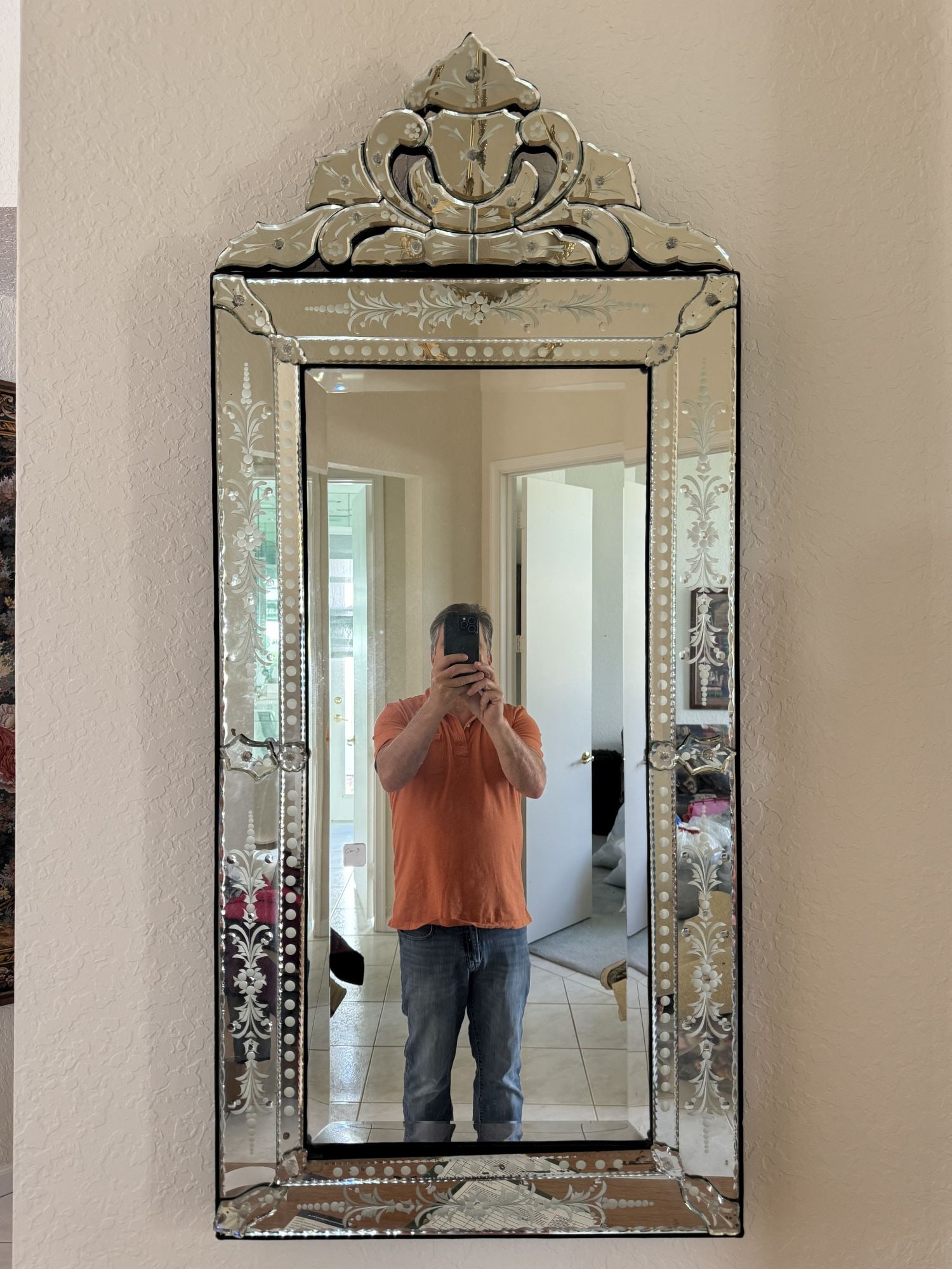 Venetian Etched Glass Wall Mirror, 54"h x 29"w (1 of 3)