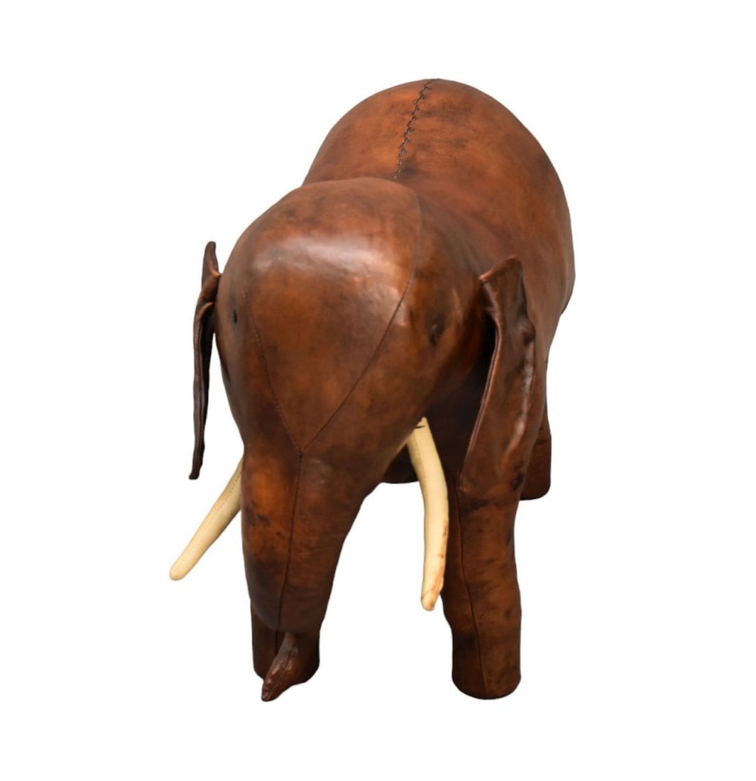 Vintage Dimitri Omersa Leather Elephant Footstool - c. 1960s. England. Brown leather body, white (1 of 5)