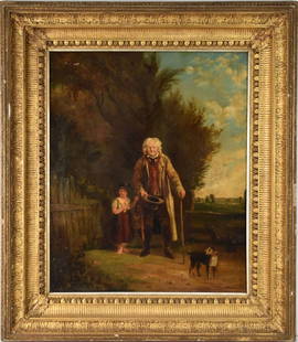 WILLIAM MULREADY (1786 – 1863) Irish Untitled Oil on canvas Depicting elder gentleman with child: WILLIAM MULREADY (1786 – 1863) Irish Untitled Oil on canvas Depicting elder gentleman with child and dog in landscape. Signed lower right “W. Mulready” H. 24” x W. 20” Frame: 19t