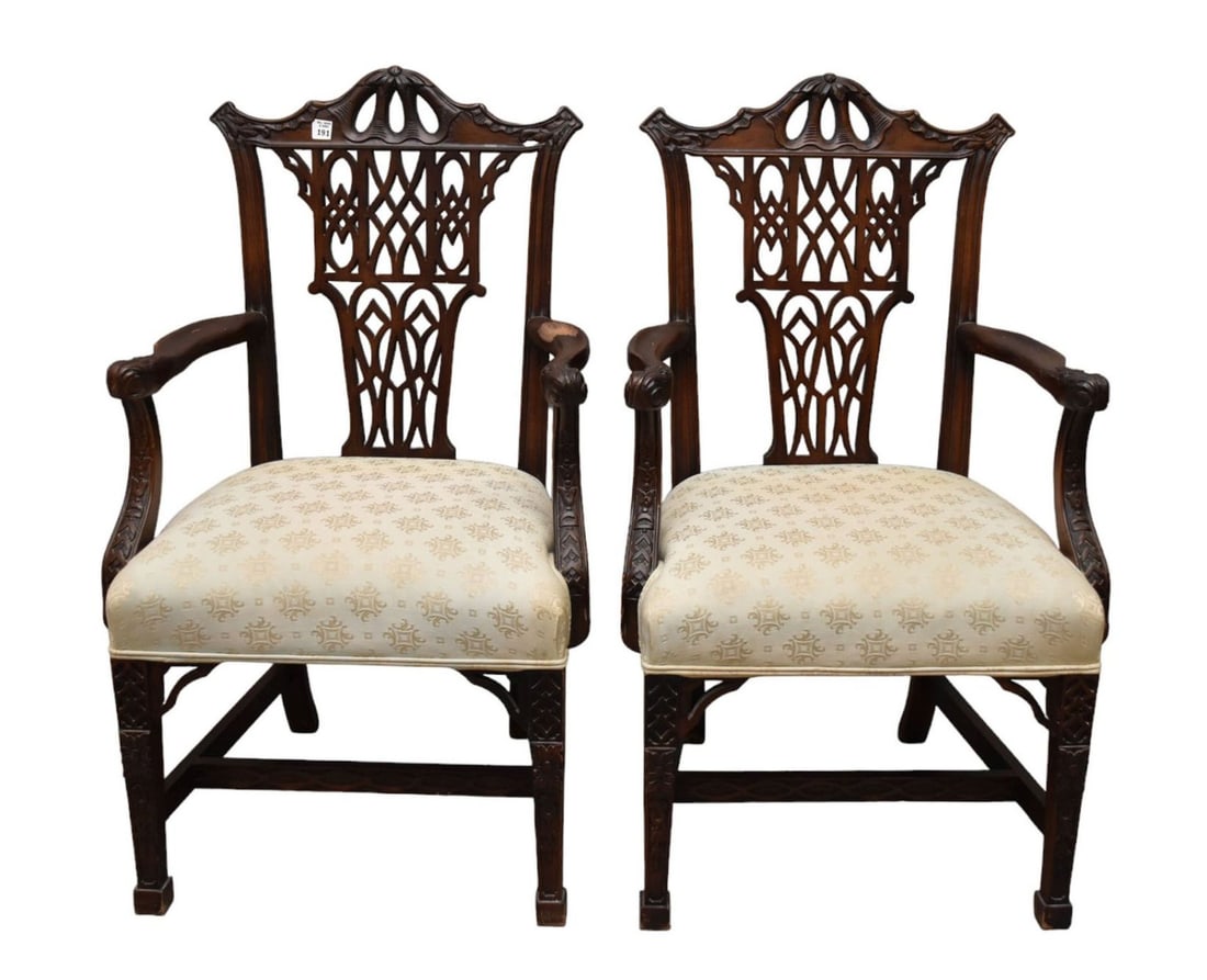 Pair Fine Chippendale Style Armchairs with Cream Upholstery (need refinishing to one arm) (1 of 5)
