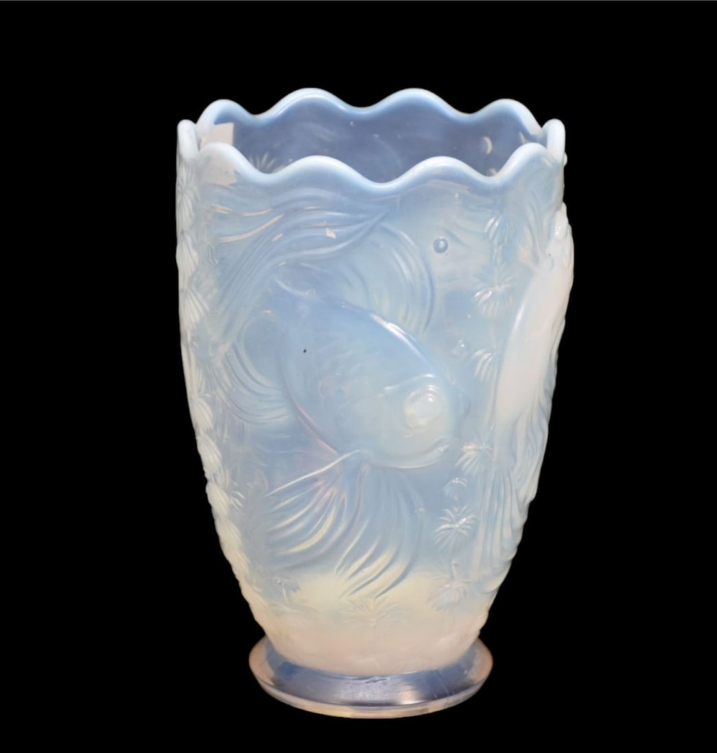 French Opalescent Vase Scalloped Rim with Koi Fish, 7 1/2"h x 5"w (1 of 8)