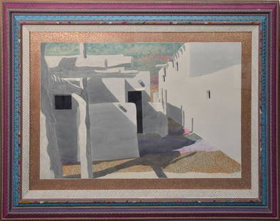 Fran Larsen (AMERICAN, 1937) Original Watercolor on paper, Pueblo, 40" x 60" paper size in Fancy: Fran Larsen (AMERICAN, 1937) Original Watercolor on paper, Pueblo, 40" x 60" paper size in Fancy artist hand painted 8 inch frame, signed lower right