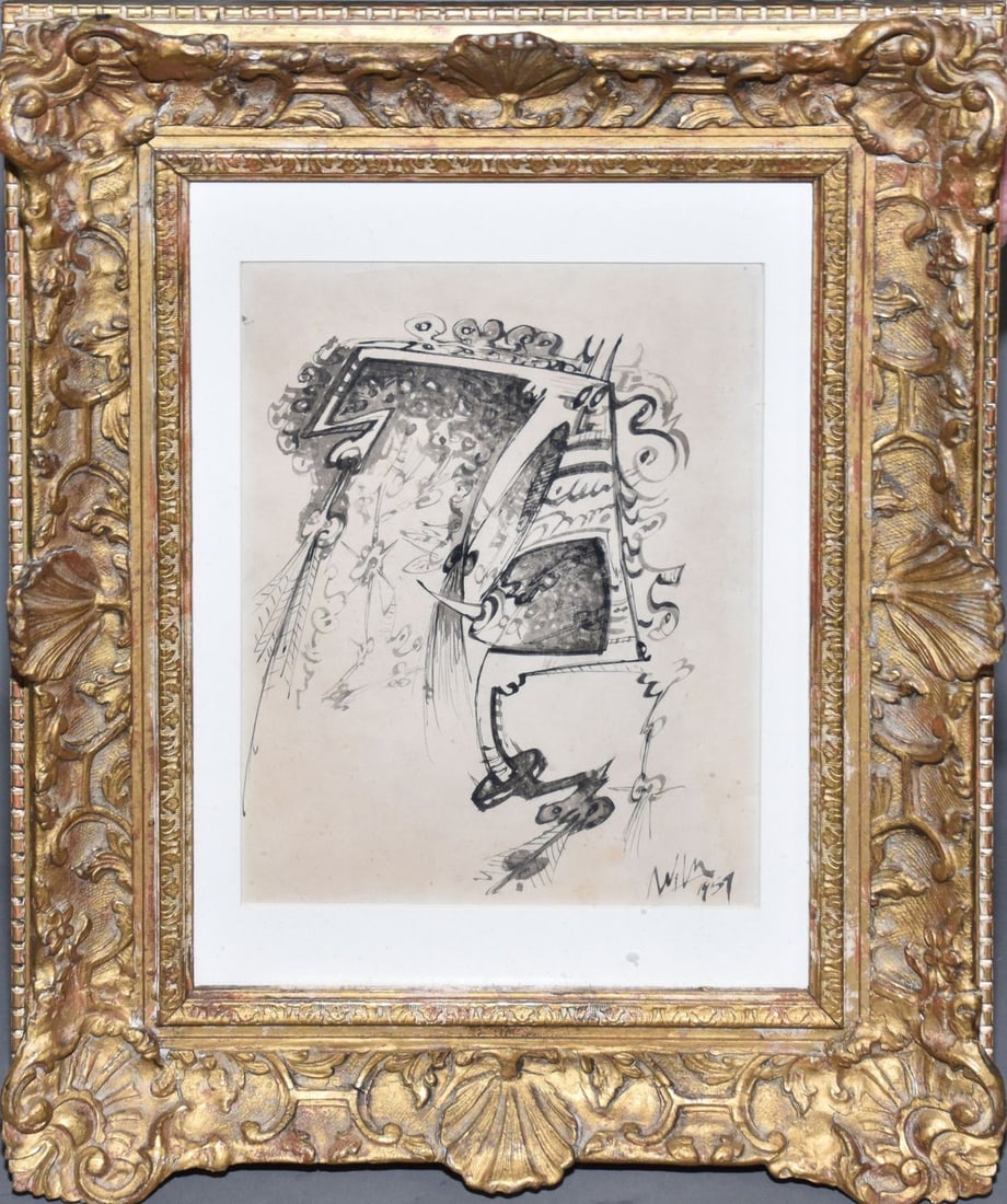 Attributed to: Wifredo Lam (CUBAN, 1902–1982) ink on paper, signed lower right, dated 1959, 10: Attributed to: Wifredo Lam (CUBAN, 1902–1982) ink on paper, signed lower right, dated 1959, 10 1/2" x 8" sight, 19" x 15" overall