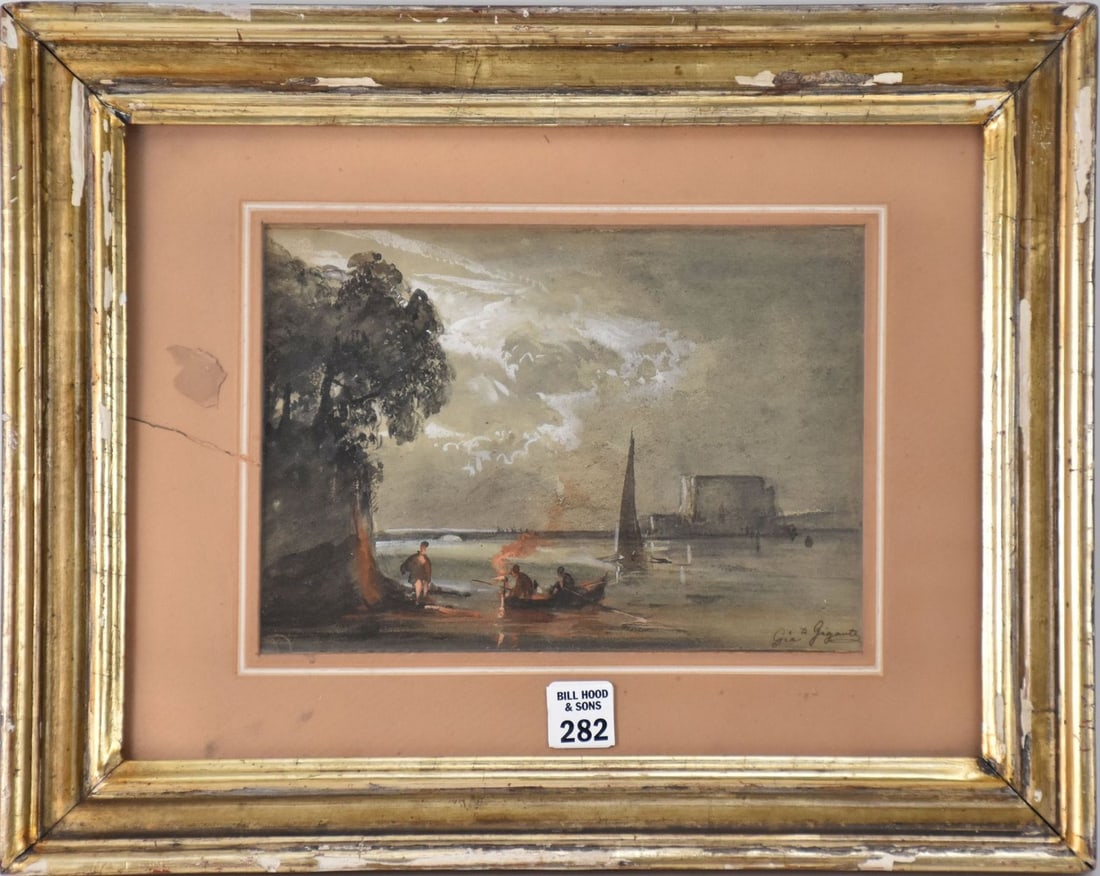 Possibly Giacinto Gigante (Italian 1806-1876) Coastal Scene by Moonlight, Watercolor, Signed, Image: Possibly Giacinto Gigante (Italian 1806-1876) Coastal Scene by Moonlight, Watercolor, Signed, Image Size 6.5 x 9, Framed and Glazed 13 x 16 in.
