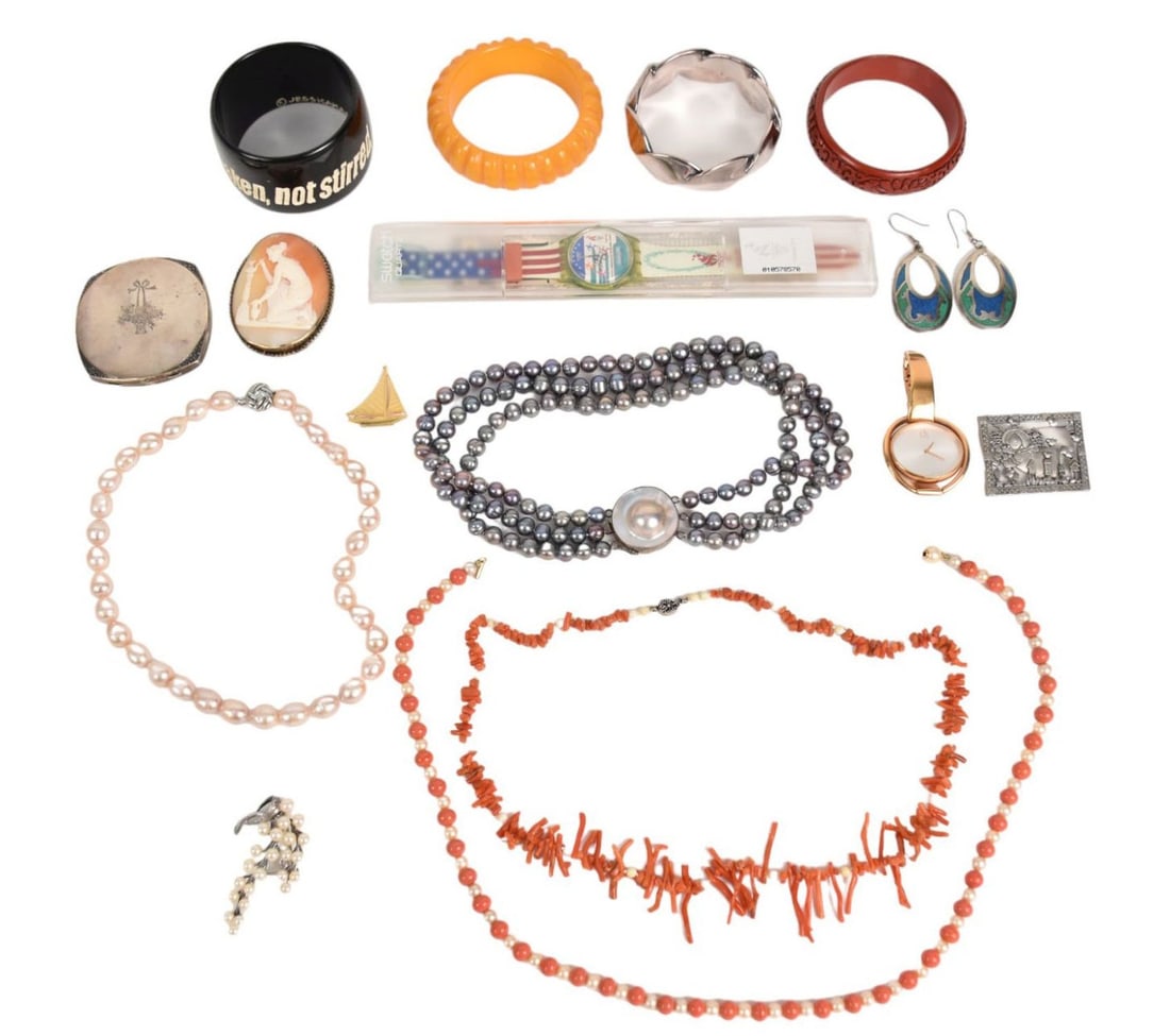 Costume Jewelry Lot. GF large Cameo brooch / pendant, Coral Necklaces, Compact, CK watch, bangles, (1 of 8)