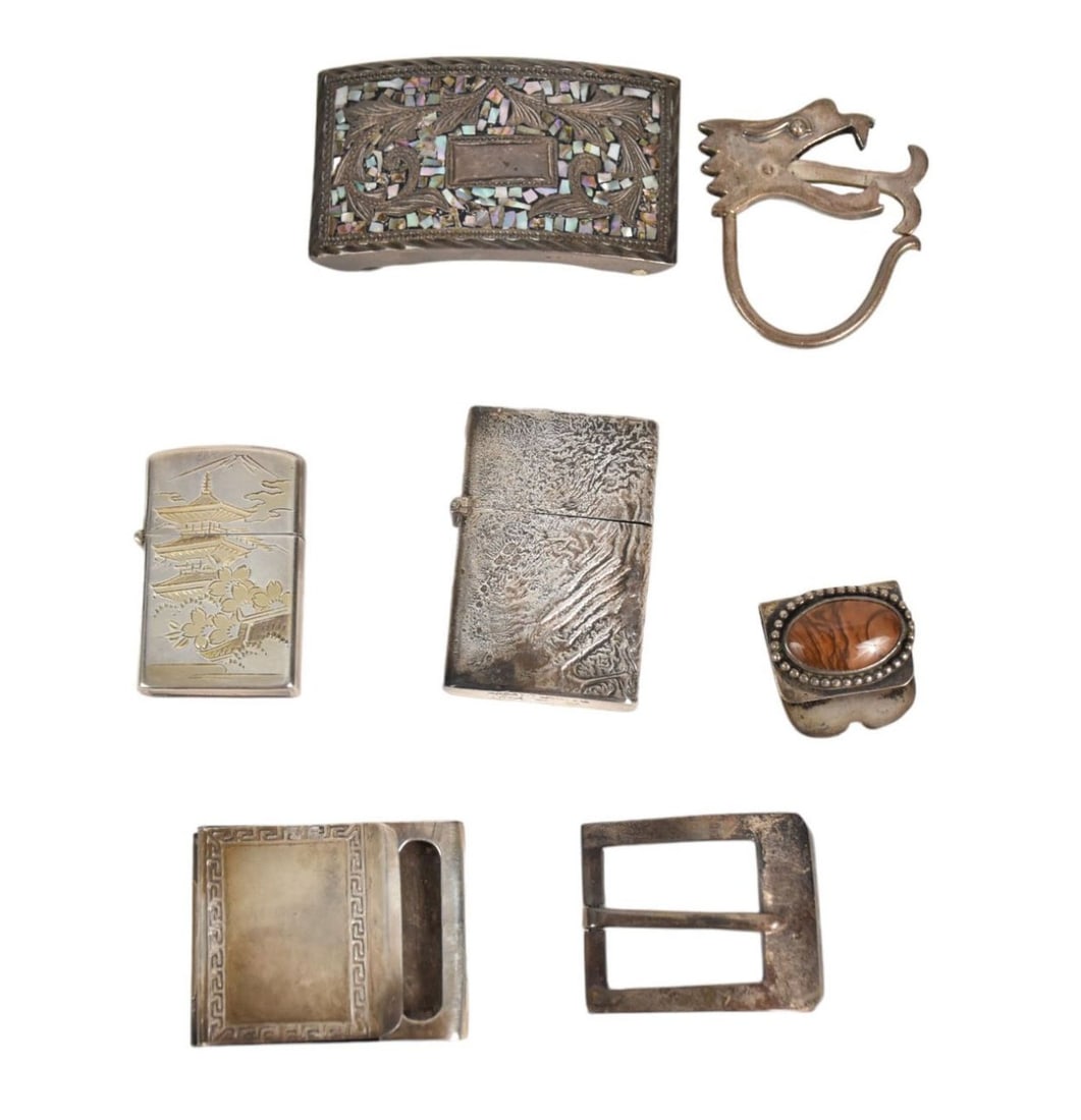 Sterling Silver Lot. Belt Buckles Lighters, Money Clip, Key ring 241 grams (1 of 7)
