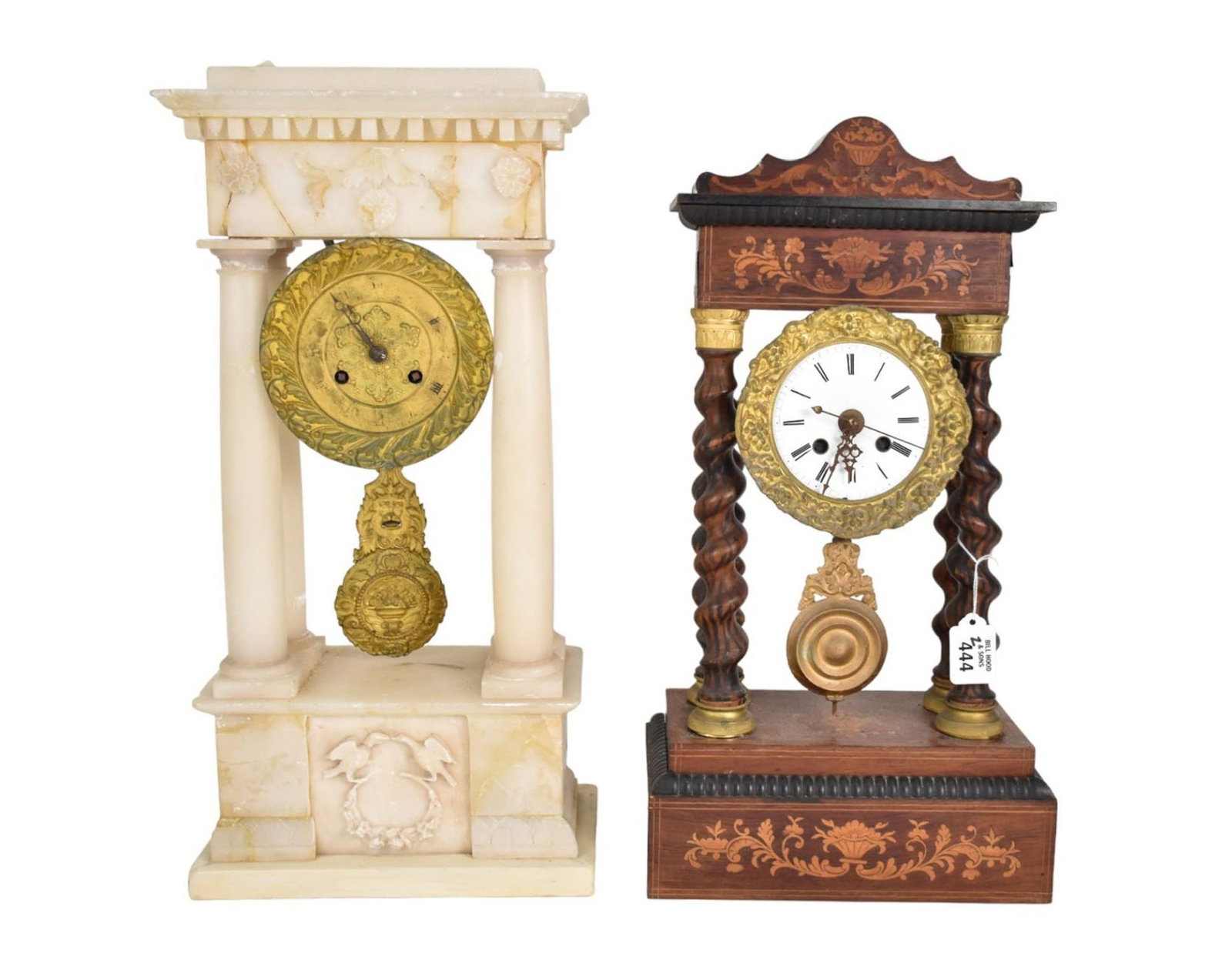 2 Clocks, 1 Portico Marble & Brass (20"h x 8"w x 6"d)  AND Marquetry Portico With Barley Twist (1 of 13)