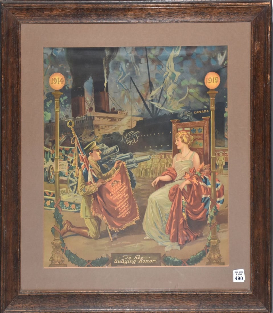 WW1 Canadian Poster "To Her Undying Honor", 19 1/4" x 17 1/4" sight, 27" x 25 1/2" overall (1 of 8)