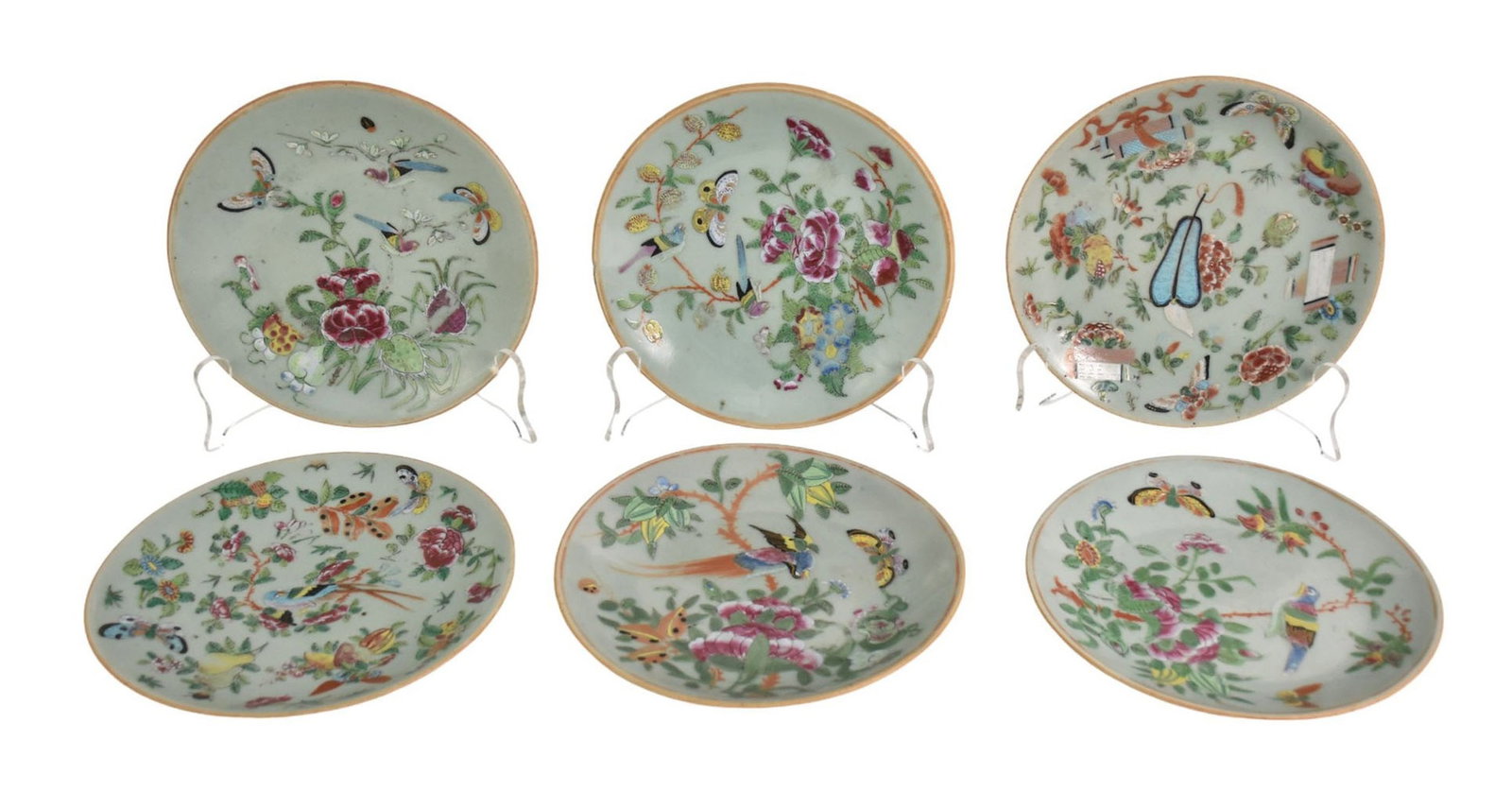 Six Chinese Famille Rose Celadon Ground Dishes - Six porcelain plates. Each with famille rose enamel (1 of 7)