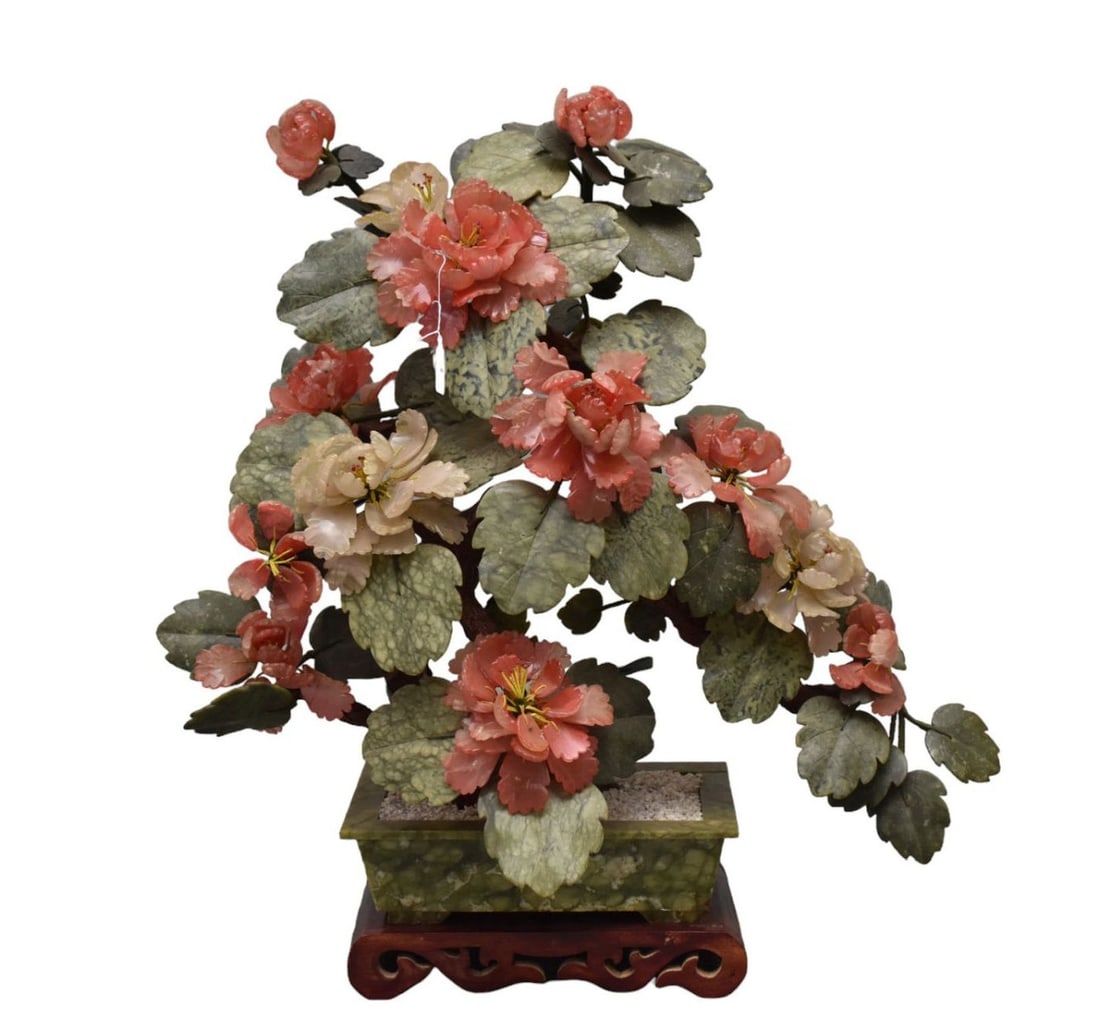 Large Jade Tree, Circa 1900, Hardstone Large Leaves & Large Flowers, Pinks & Greens, 29" 29"w (1 of 6)