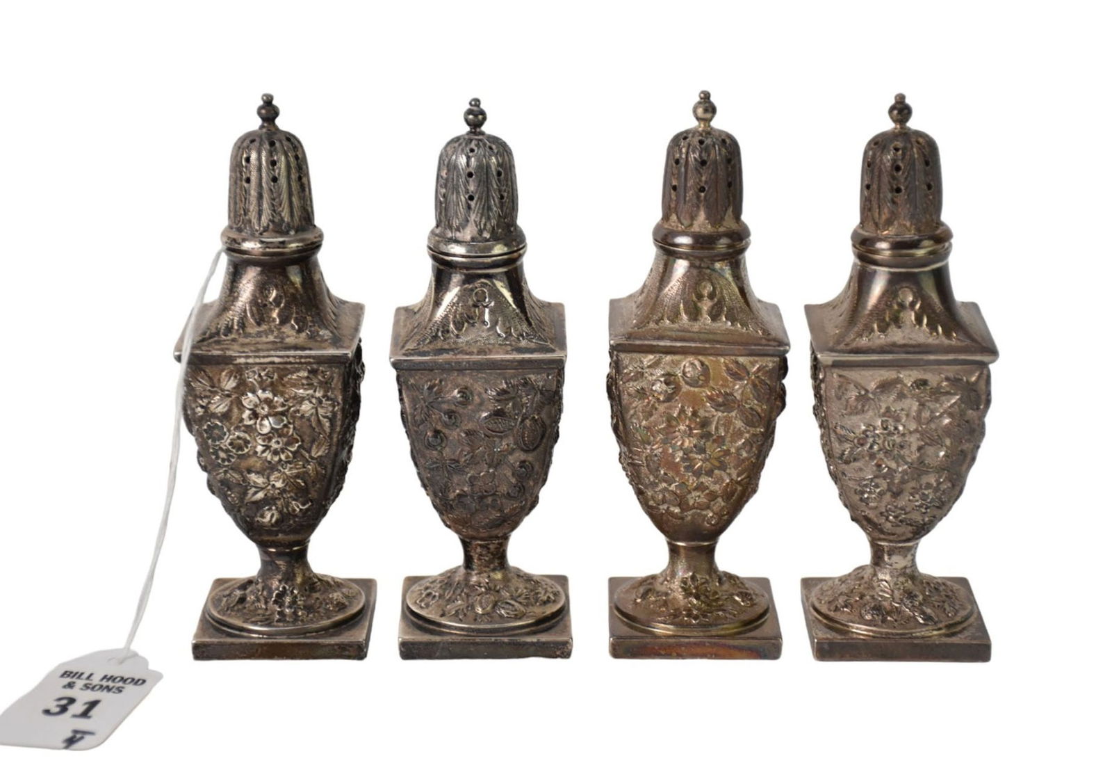 Set of 4 sterling silver salt/pepper shakers by Jacobi & Jenkins, Baltimore. Repousse, floral and (1 of 4)