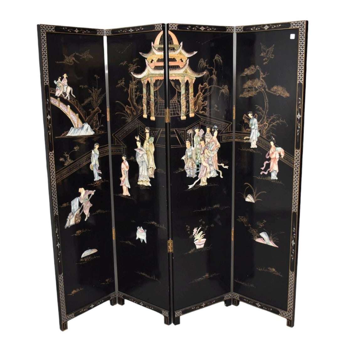 Chinese  20th Century Applied Decorations 4 Panel Screen, each Panel is 6"H x 18"w (1 of 7)