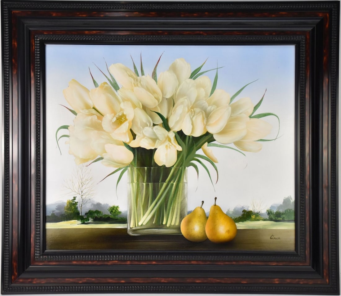 Alain Geneau (France b. 1935) oil on Canvas, Still Life  -Soleil Levant.  22 x 26 overall framed 30 (1 of 6)