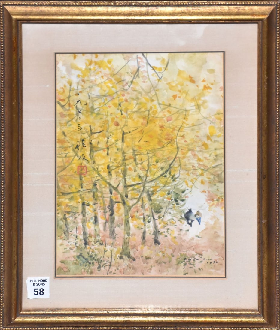 Chen Chi - Watercolor Painting, signed lower right, people and fall trees in the park, beautiful (1 of 5)