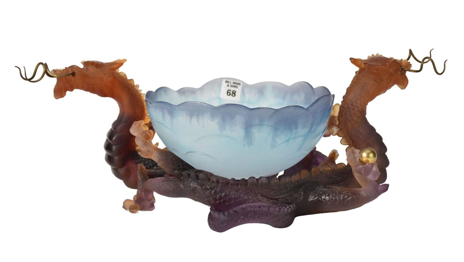 A Daum Pate De Verre Dragon Center Bowl, French, damage at 3 of 4 whiskers, 16" wide x 6 1/4" tall (1 of 15)