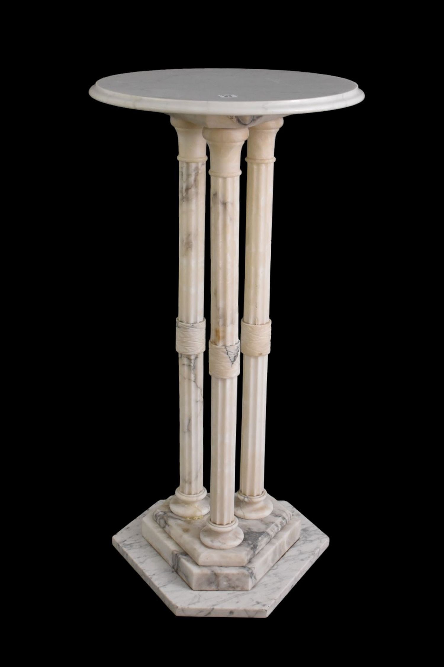 Marble Pedestal with 3 Narrow Columns Below Surface on Trifed Base, 36"h x 18"dia. Some damage (1 of 6)