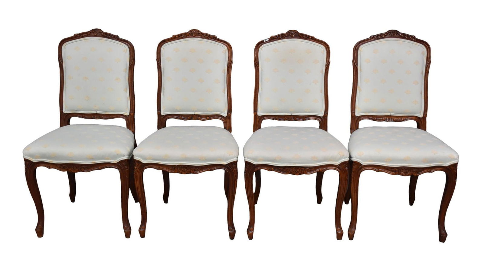 4 Country French Side Chairs, Carved Crest with Light Blue Silk Upholstered Seats (some soiled) (1 of 6)