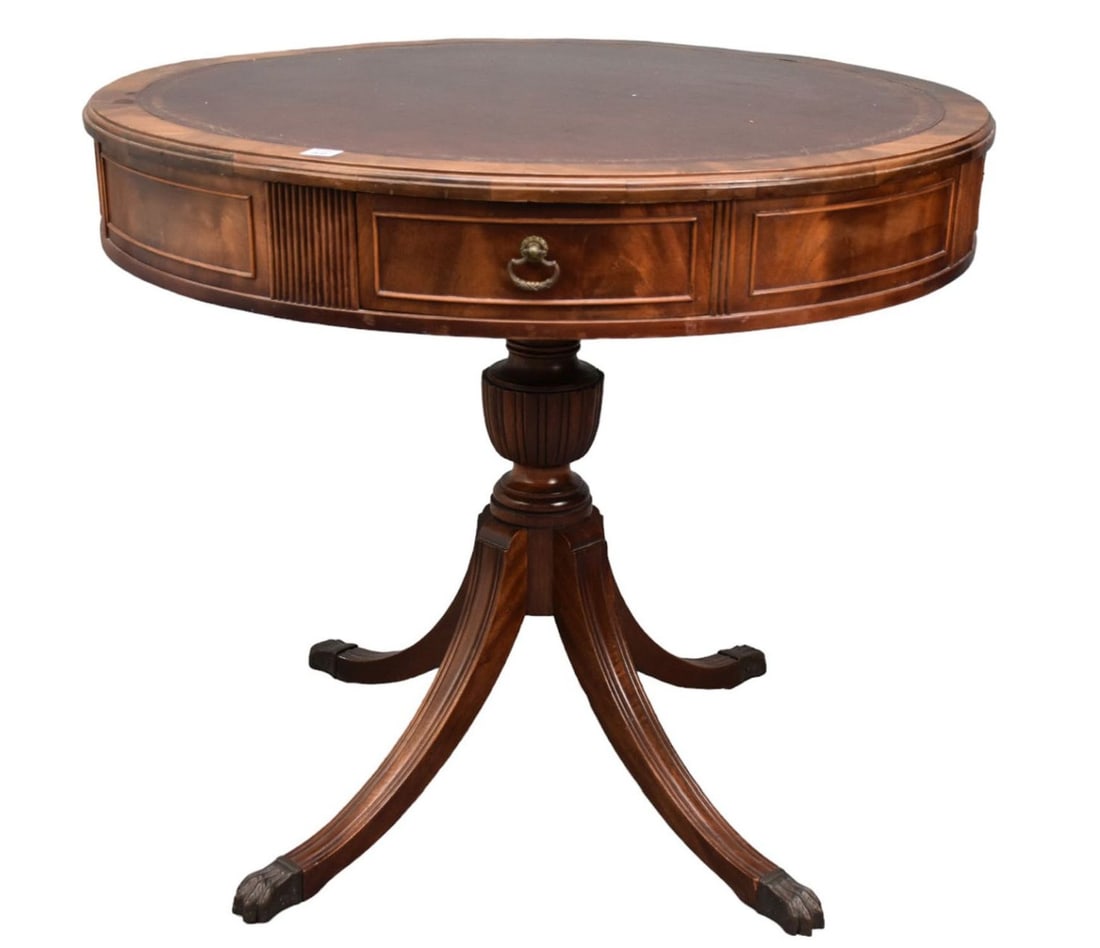 Leather Top Duncan Phyfe Style Mahogany Drum Table, 2 Drawers, 30"h x 35"d (1 of 5)