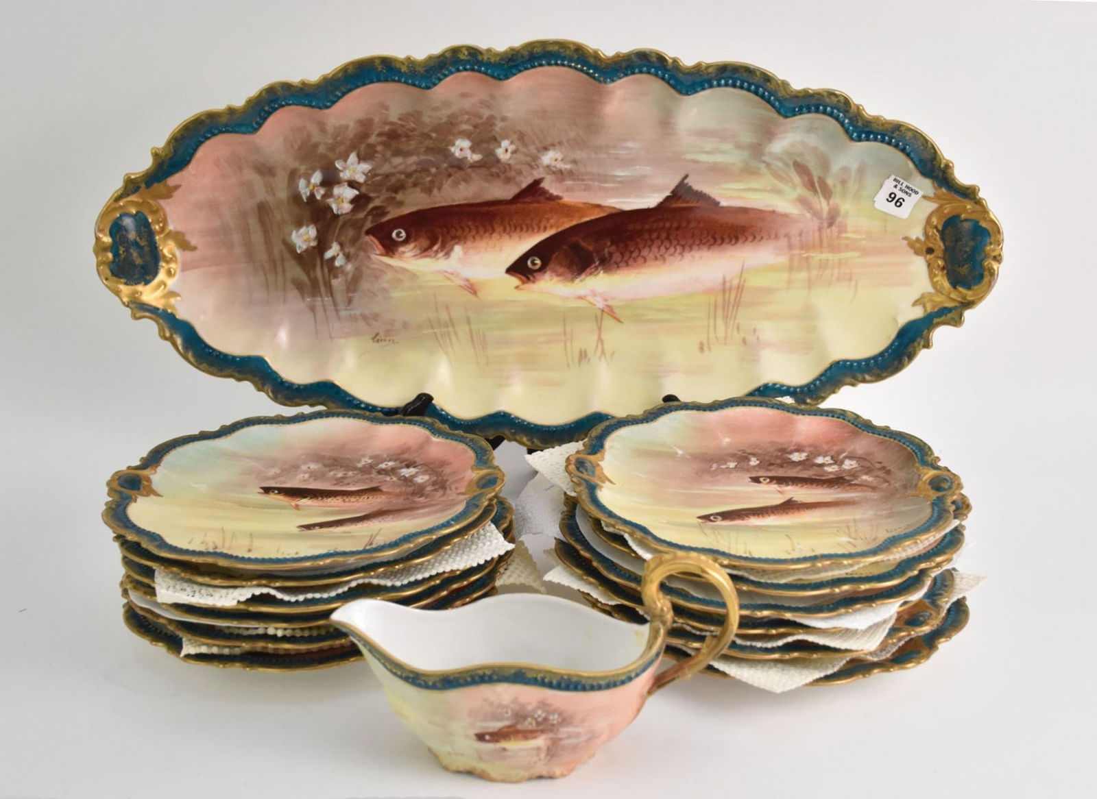 Limoges Porcelain Fish Set, Circa 1900, Serving Platter (24 1/2"L), 12 Plates (9 1/2"dia) and Sauce (1 of 9)
