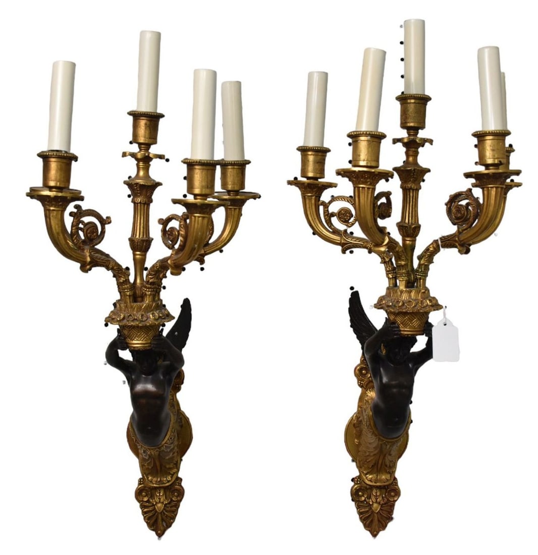 Pair 5 Light French Figural Bronze Wall Sconces, 26"h (1 of 6)