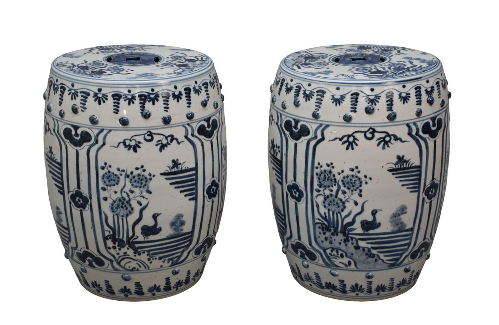 Pair Blue & White Garden Seats, 17 3/4"h x 11 1/4"dia: Pair Blue & White Garden Seats, 17 3/4"h x 11 1/4"dia