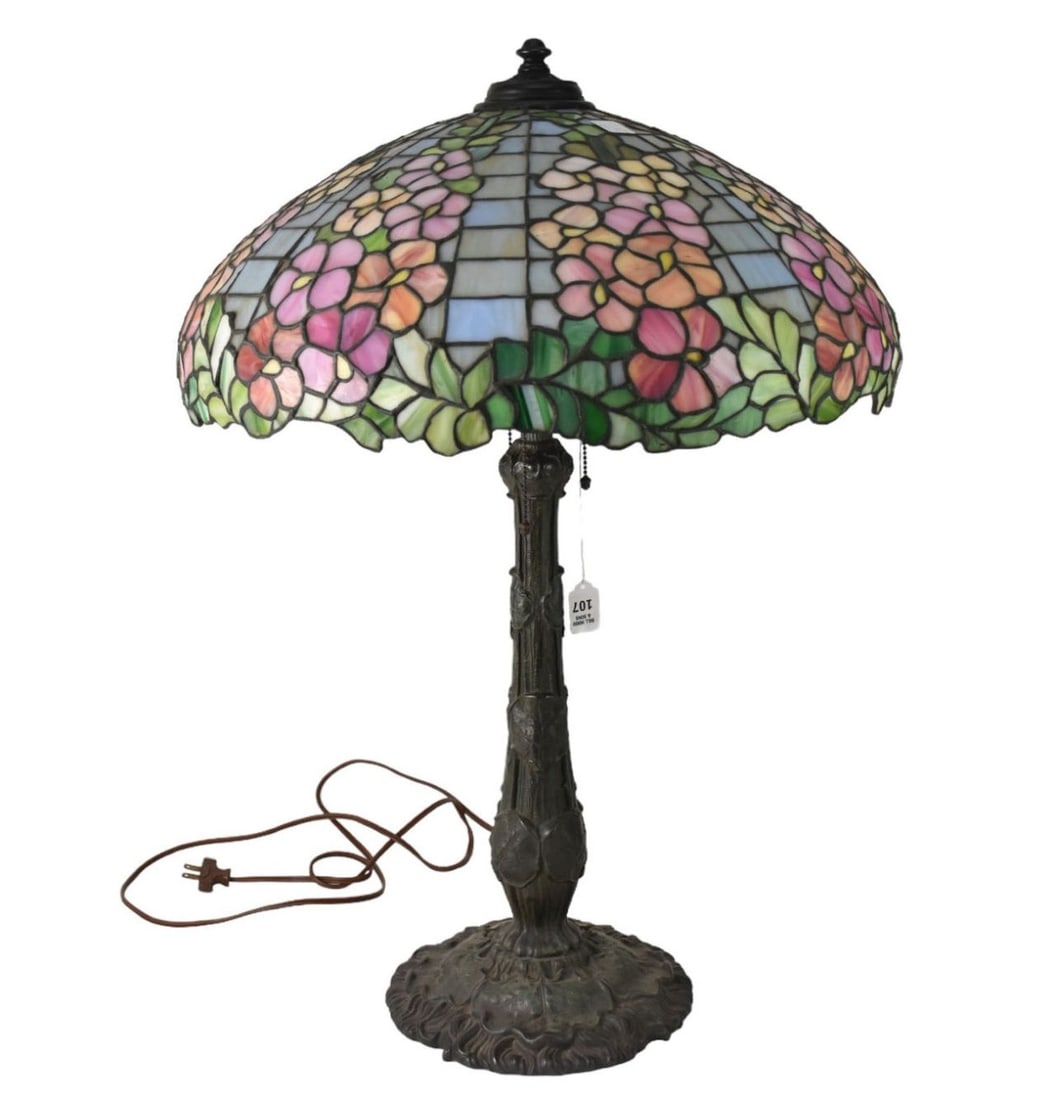 Antique Art Glass Lamp, Floral Leaded Shade on Art Nouveau Metal Column, Acorn Pulls, 30"h x 21 (1 of 9)