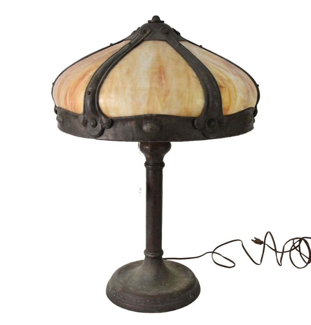 Arts & Crafts Style Lamp, Circa 1920's with Slag Glass Shade, 24"h x 17"w (1 of 10)