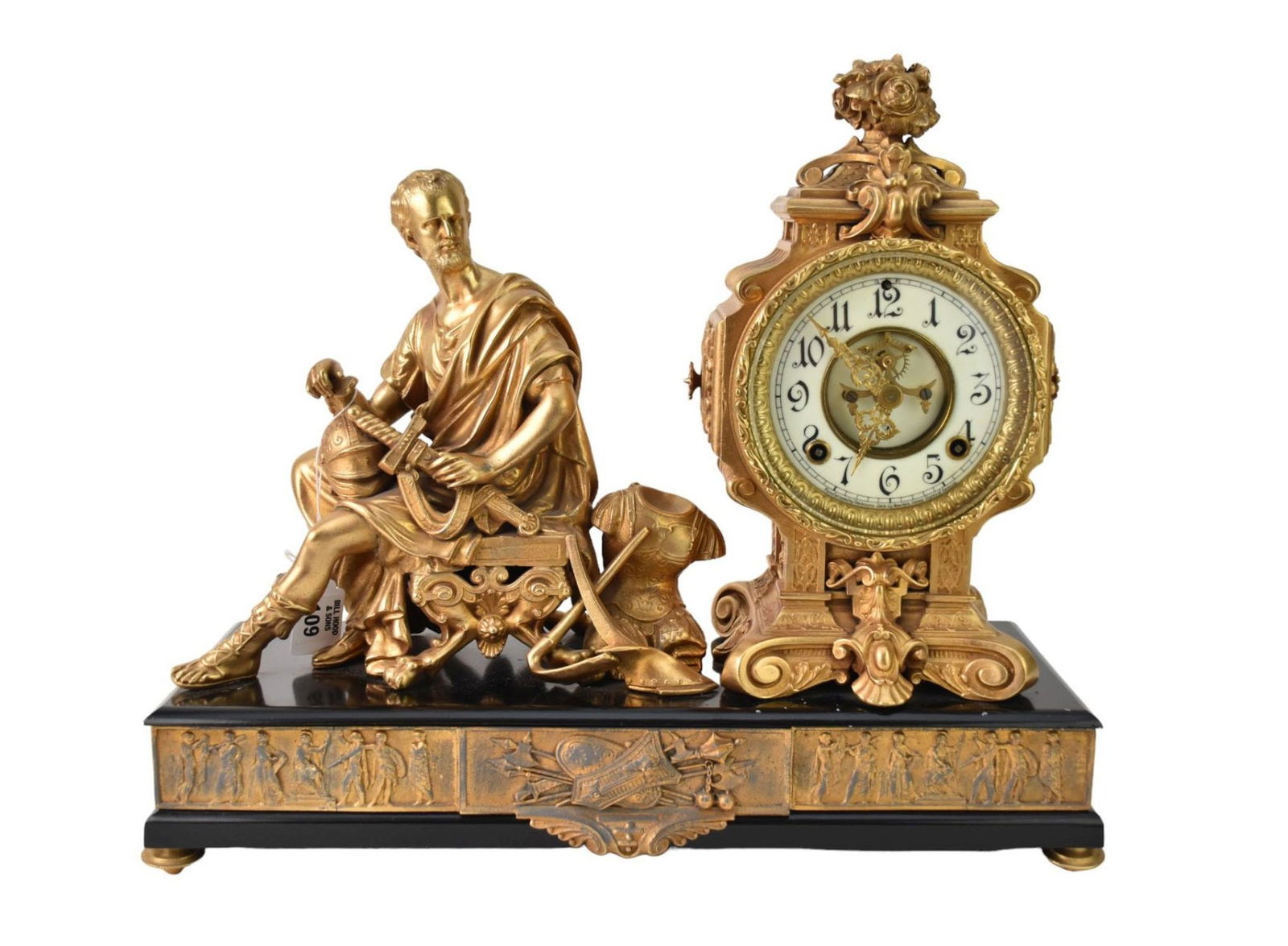 Antique Bronze Figural Clock, Regal Roman Warrior and Clock mounted on Marble Base with Embossed (1 of 7)