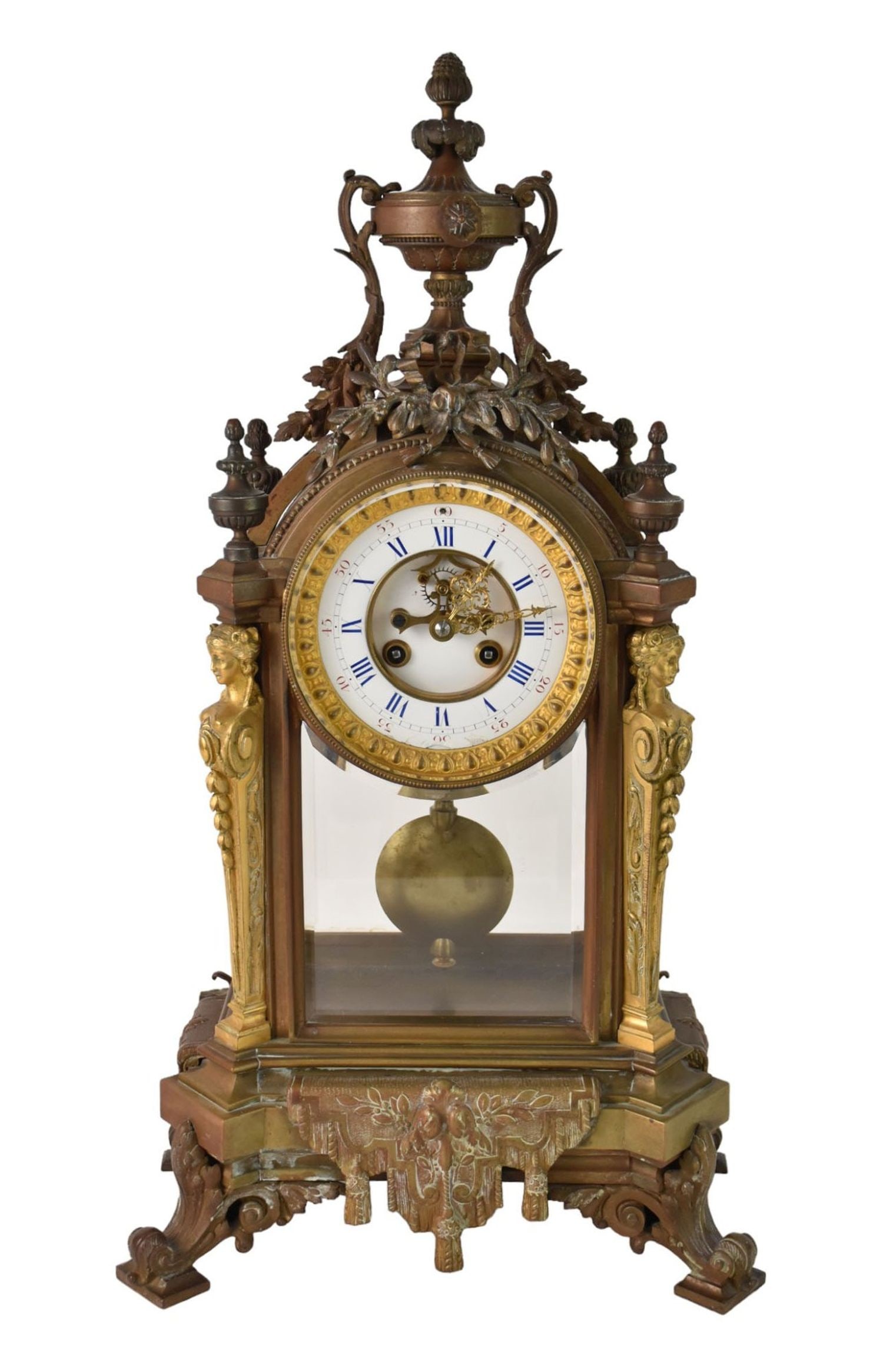 Antique Bronze Mantle Clock, Porcelain Face, Ornate Urn at top with Gilded Figures at side  21"h x (1 of 10)
