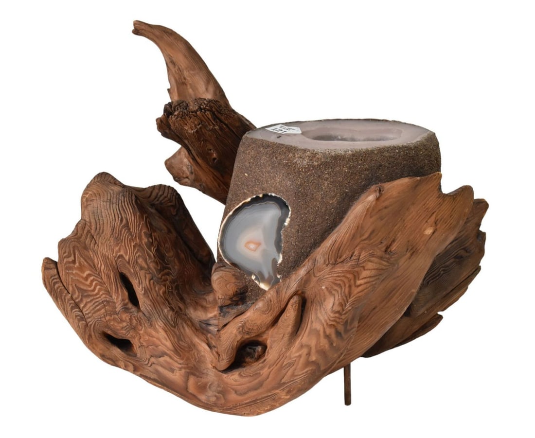Candle Sculpture, Natural-Form Wood with wax candle surrounded by Sandstone & Geode , 17"h x 15"w (1 of 6)