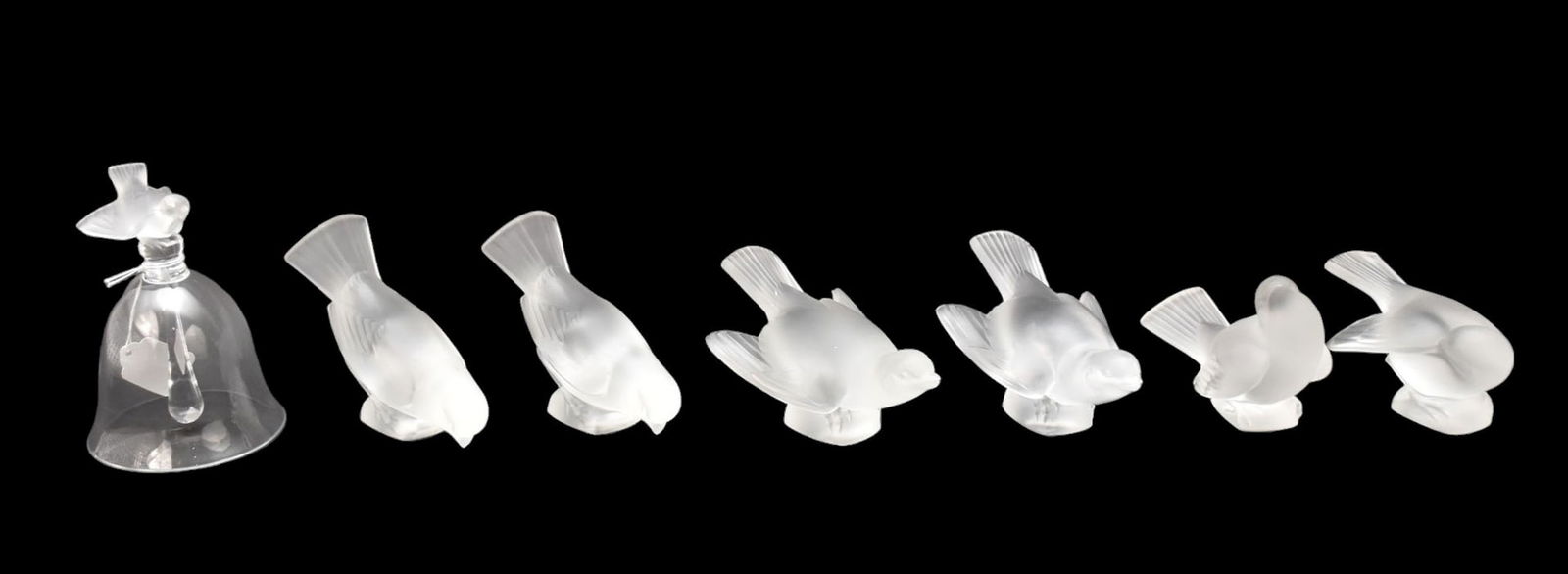 Group of Lalique Crystal Sparrow Bird Figurines and Bell - Lalique France. Six frosted crystal (1 of 7)