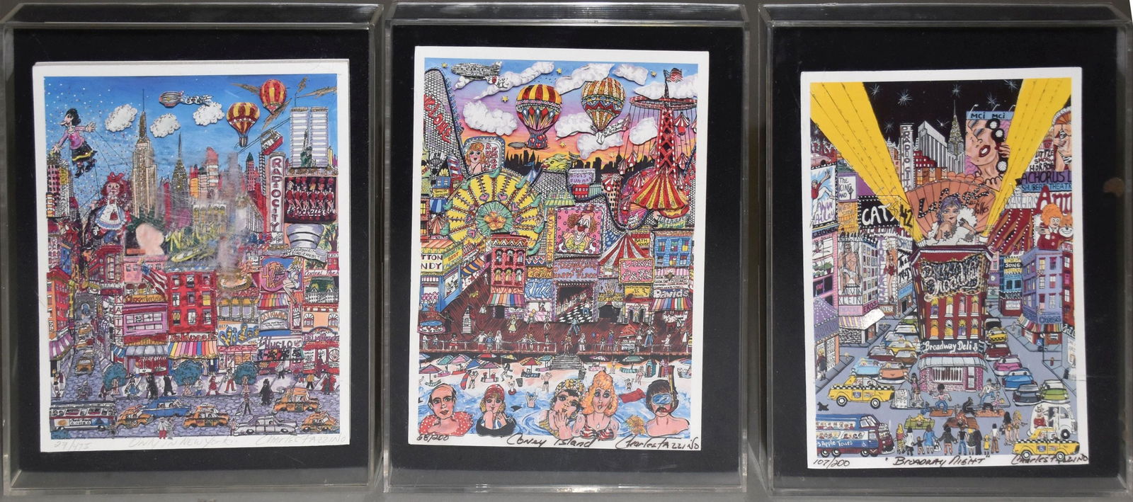 3 pieces: Charles Fazzino-Broadway night, Coney Island, Only in New York. In plexiglass, all signed, (1 of 9)