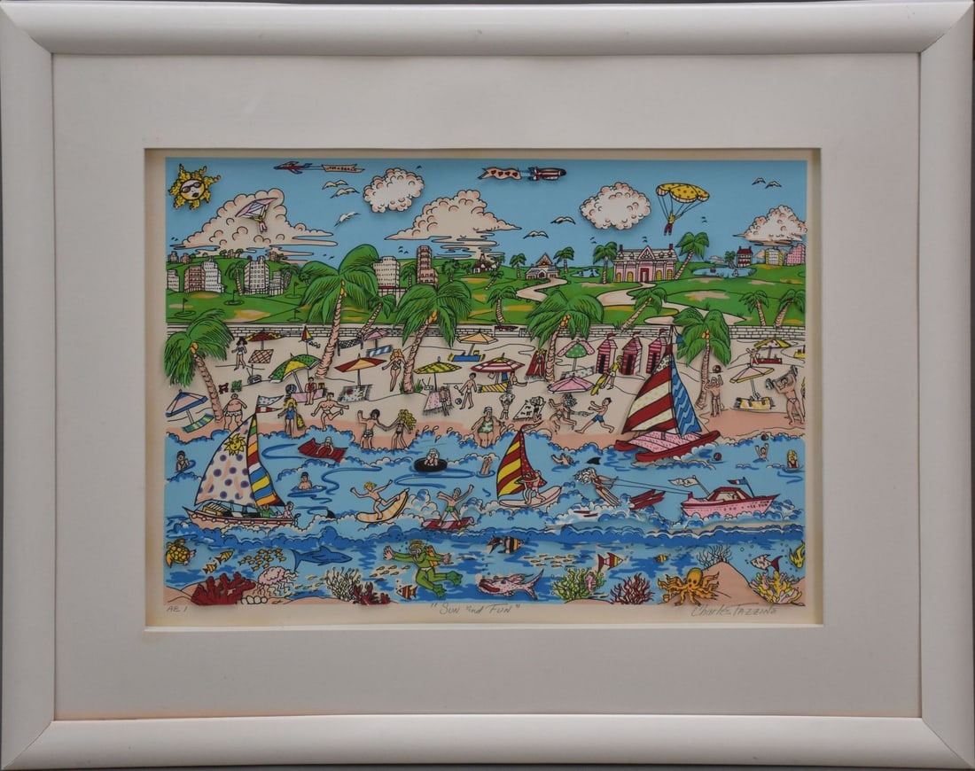 Charles Fazzino Sun and Fun, signed lower right and edition AE 1. 19 x 26 inches. overall frame size (1 of 12)