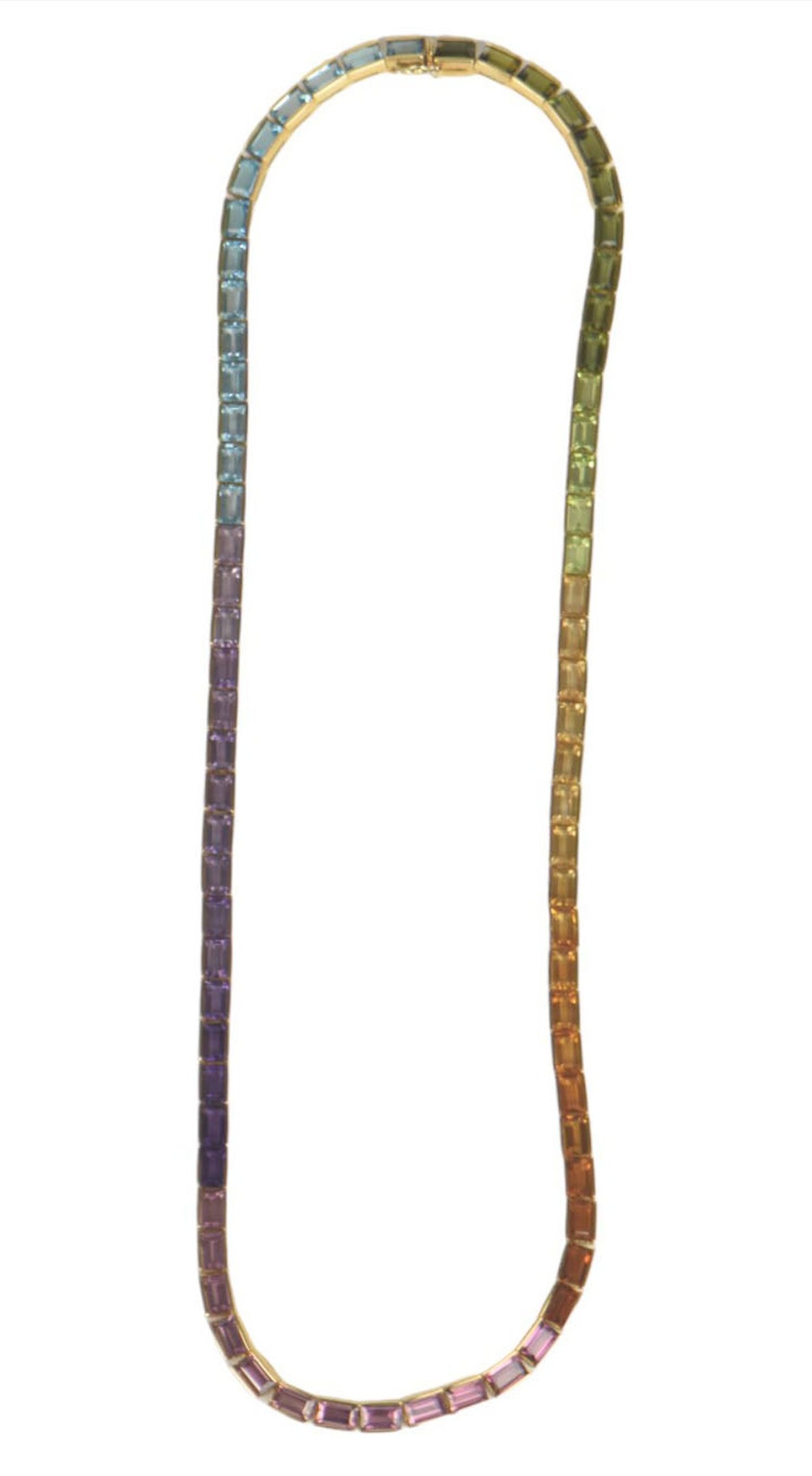 18K Yellow Gold Rainbow Necklace. 75 semi precious, rectangular, faceted stones, including Peridot, (1 of 14)