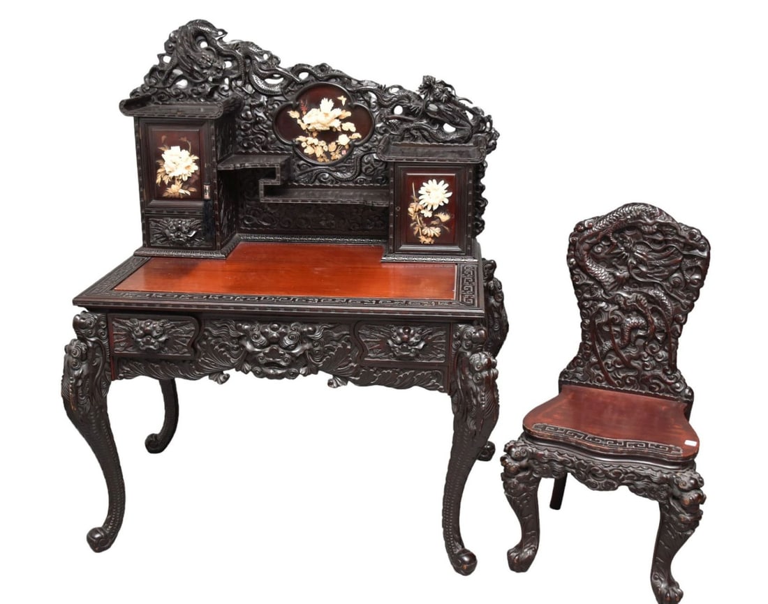 Chinese Desk & Chair, Heavily Carved Mahogany & Black Lacquer Wood 2 Pc. Desk, All Over Applied Bone: Chinese Desk & Chair, Heavily Carved Mahogany & Black Lacquer Wood 2 Pc. Desk, All Over Applied Bone Floral Design, Sold with Matching Chair, 57"h Back, 30"h Front x 42"w x 27"d, Chair 38"h back x 19"