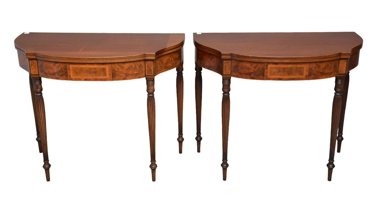Pair Mahogany Sheraton Style Tables, Inlay Aprons Each with 2 Swing Legs, 29"h x 36"w (1 of 8)