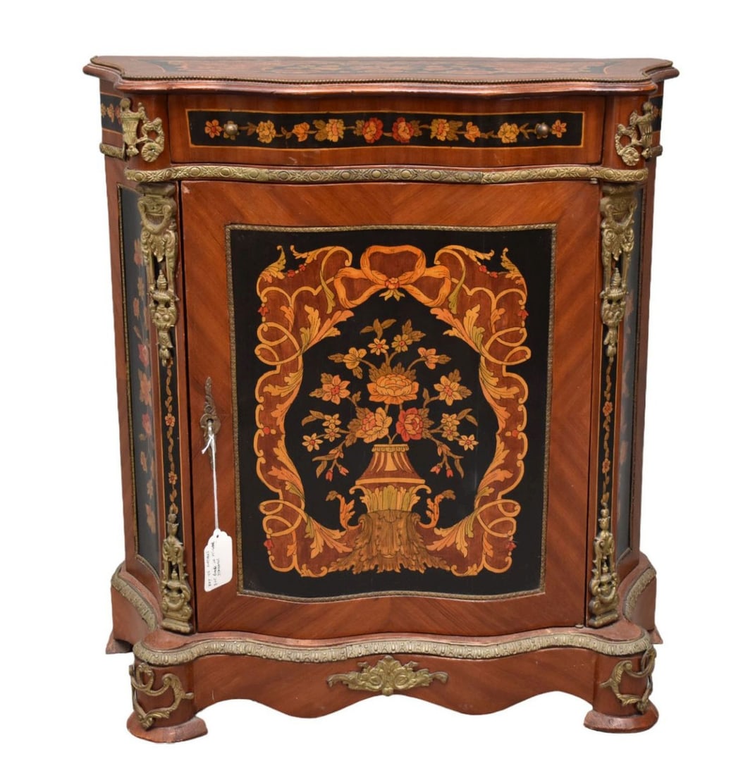 Overall Marquetry Serpentine Console with Brass Accoutrements, 31"H x 29"W x 14"D (1 of 7)