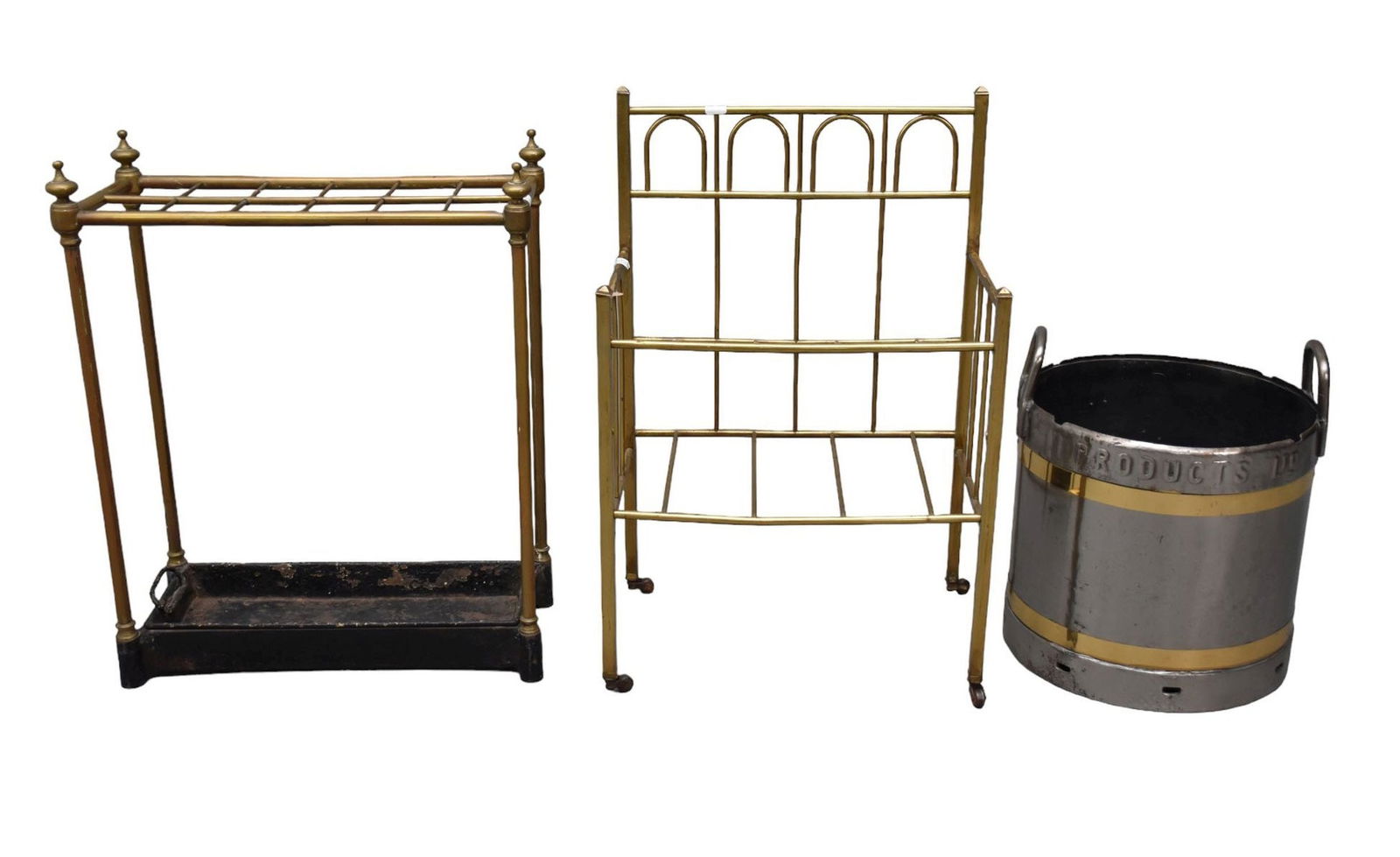 3 Brass Items  Umbrella stand with Iron Pan, Brass Magazine rack and Unusual Steel and Brass (1 of 6)