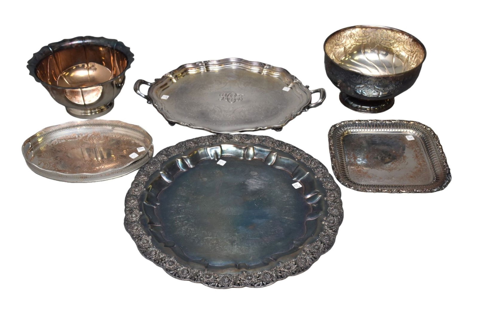 6 Large Silverplate Serving Pieces, Punch Bowl (8"h x 15"w) Punch Bowl (9"h x 15"d) Oval Tray (17" x (1 of 7)