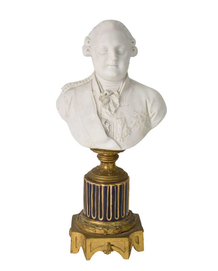 French Sevres-Style Bisque Bust of King Louis XVI, on Bronze & Porcelain Pedestal, 12"h (1 of 8)
