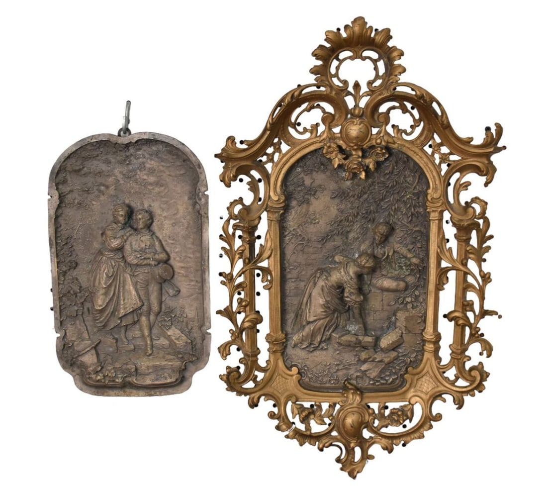 2 Metal Wall Plaques, Fancy Framed Couple in Relief at Well, 24"h x 15"w and Couple In Relief, 13 (1 of 5)